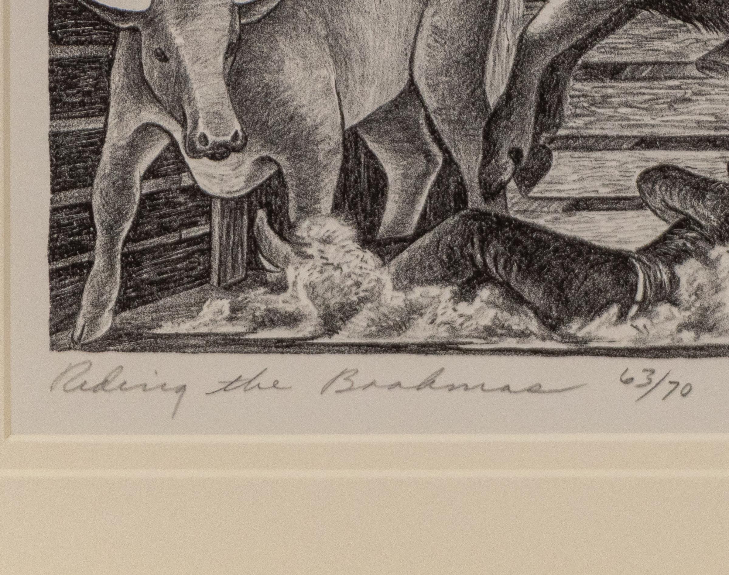 Cavalcare i Brahmas (Uomo che cavalca un toro) - Litografia originale firmata del 20° secolo - Print American Modern di Ethel Magafan
