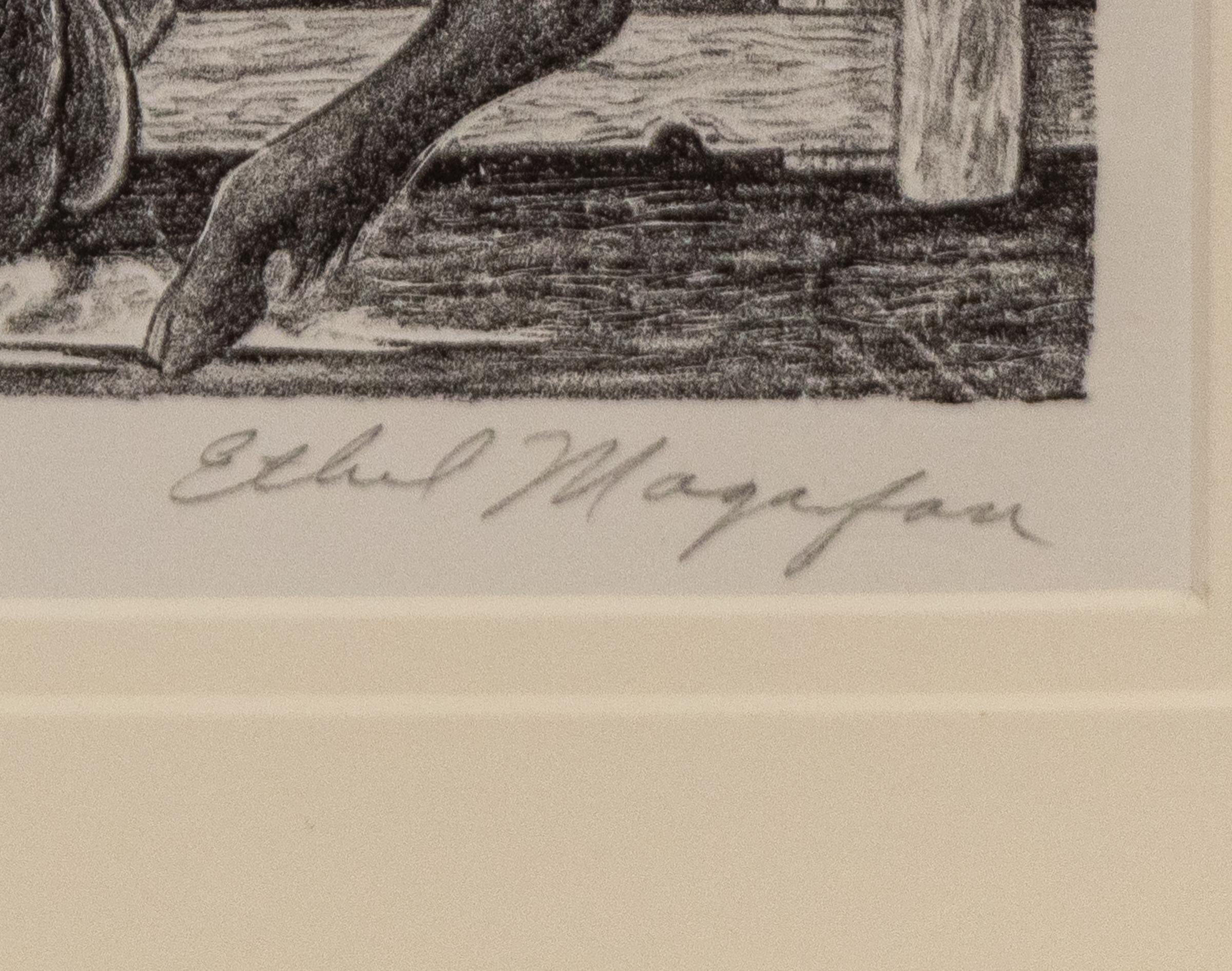 Cavalcare i Brahmas (Uomo che cavalca un toro) - Litografia originale firmata del 20° secolo - Portrait Print Grigio di Ethel Magafan