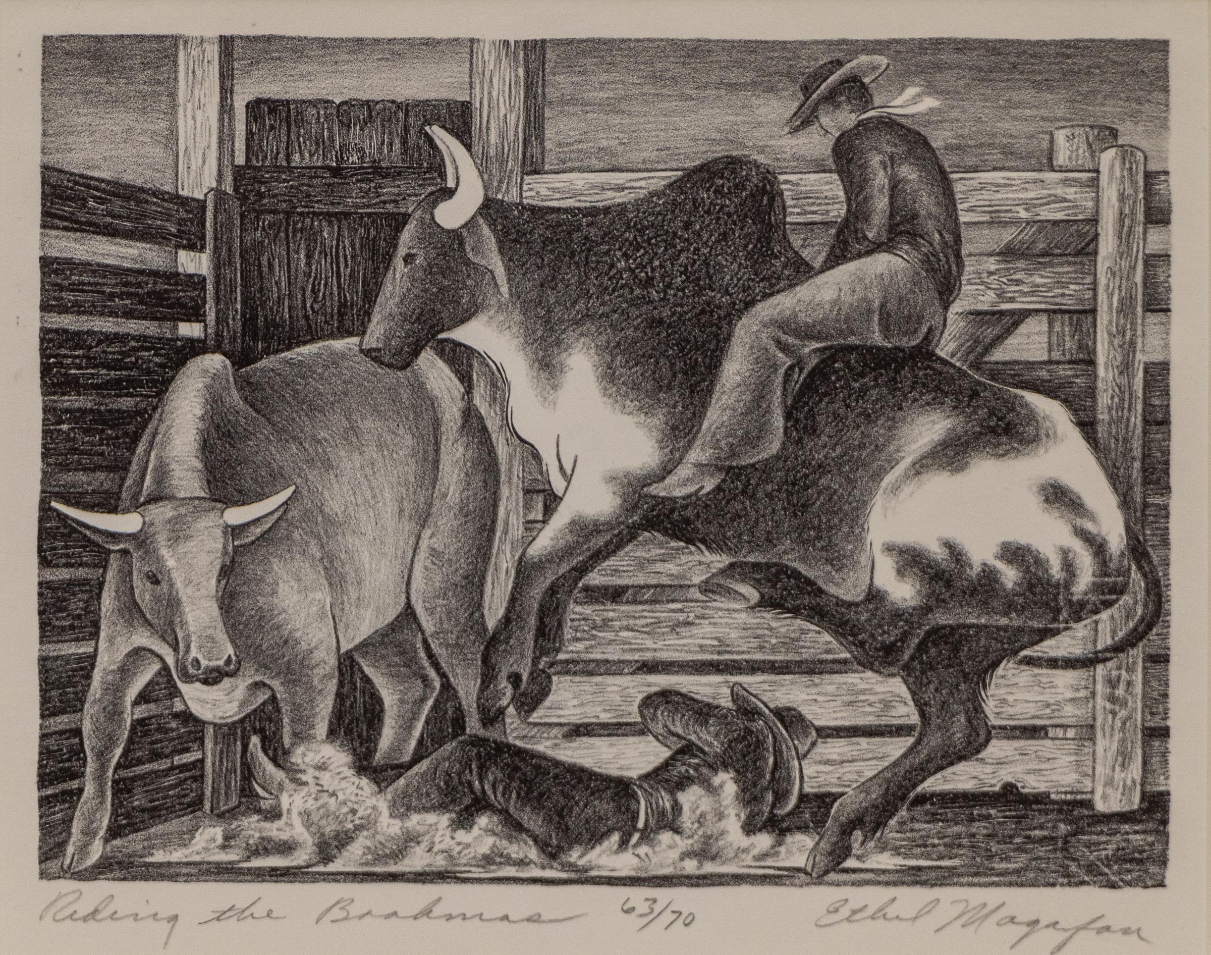 Montar a los Brahmas (Hombre montando un toro) - Litografía original firmada del siglo XX