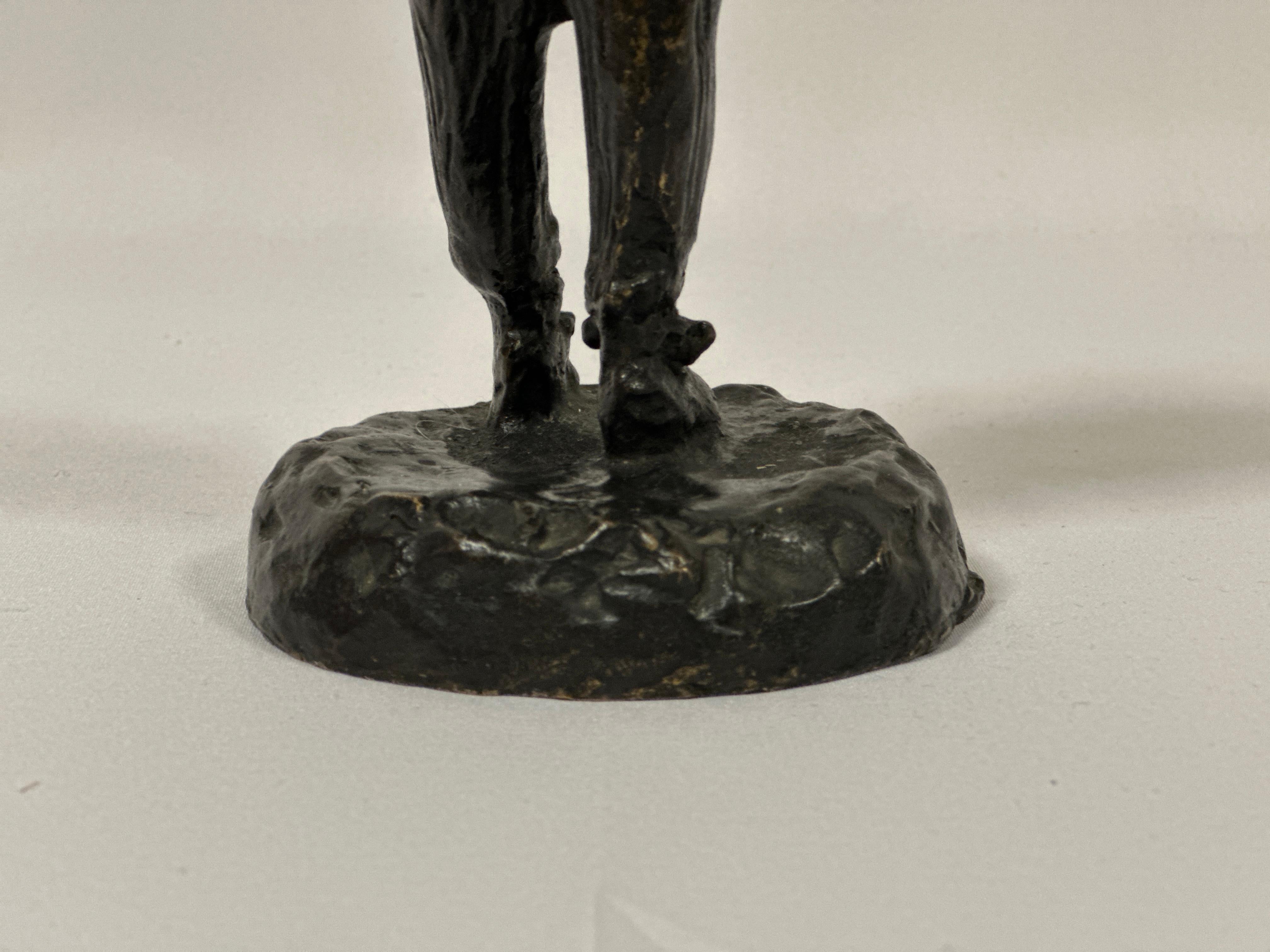 ETHEL MYERS (1881-1960)
The Gambler, Joe Johnson, n.d.
bronze with brown patina
9 inches (22.9 cm.) high
Stamped with foundry mark (on the base):  ROMAN BRONZE WORKS NY

Mae Ethel Klinck Myers (August 23, 1881 - May 24, 1960), better known as Ethel