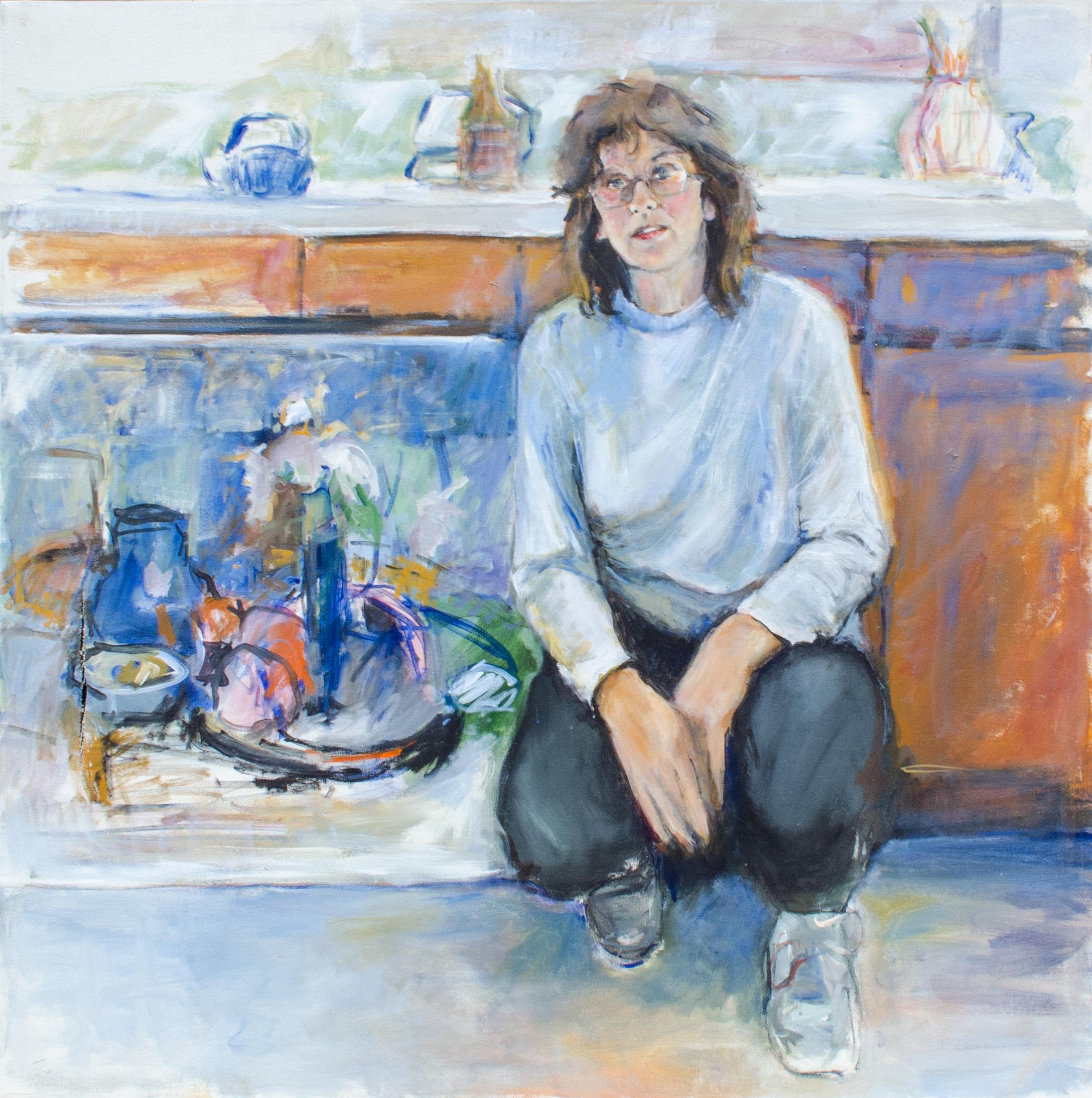 Ethel Pierson (American, 1942-2022)
Self Portrait with Still Life, c. 1990s
Acrylic on canvas
Framed: 40 3/8 x 40 1/2 x 1 1/3 in.
Signed and titled verso

