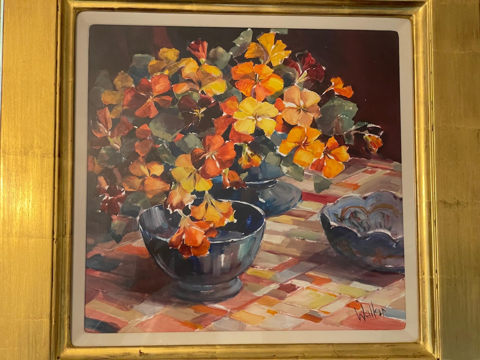 Blumen auf Schachbrett-Tuch (Zeitgenössisch), Painting, von Ethel Walker