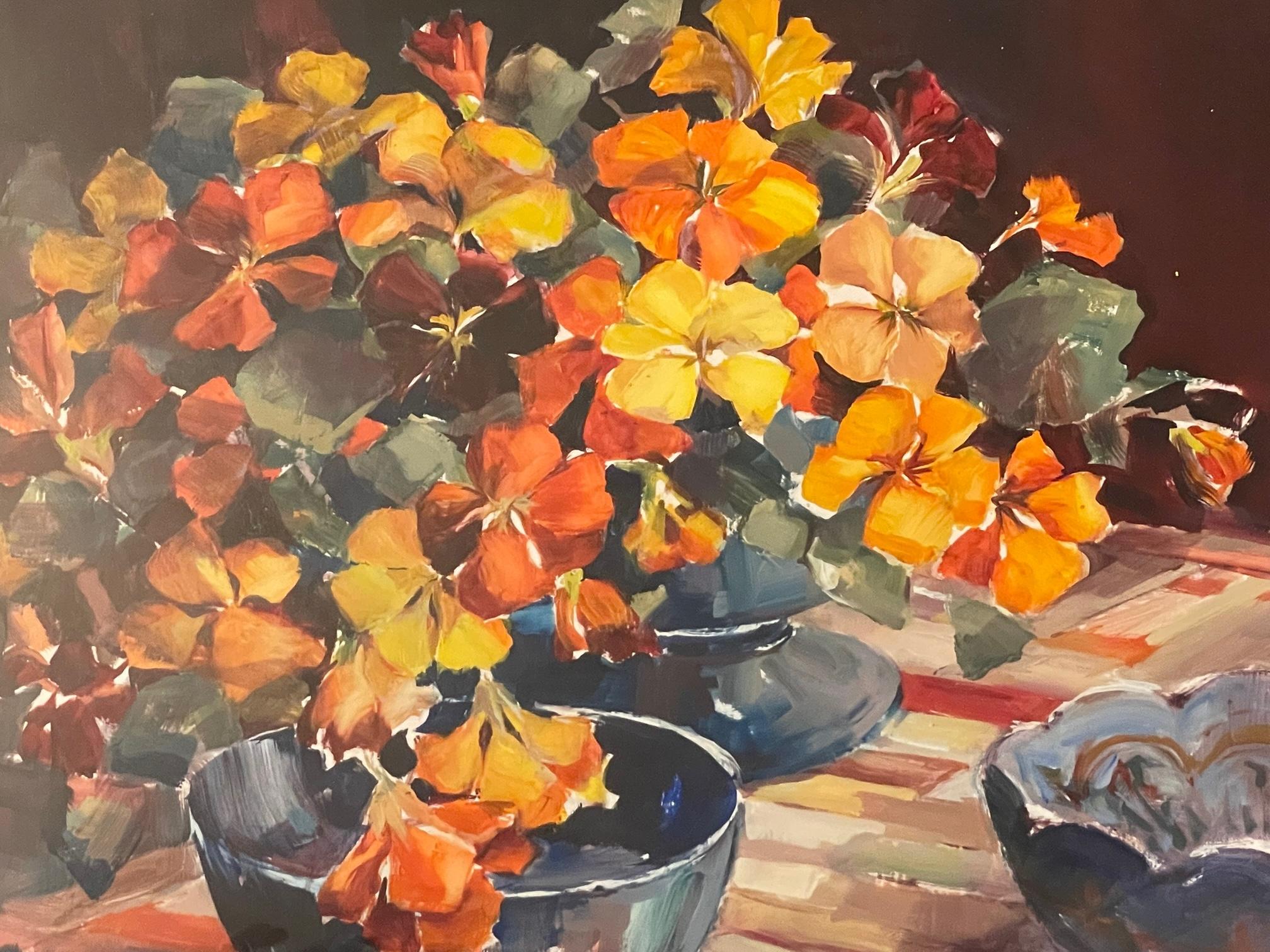 Blumen auf Schachbrett-Tuch (Braun), Still-Life Painting, von Ethel Walker