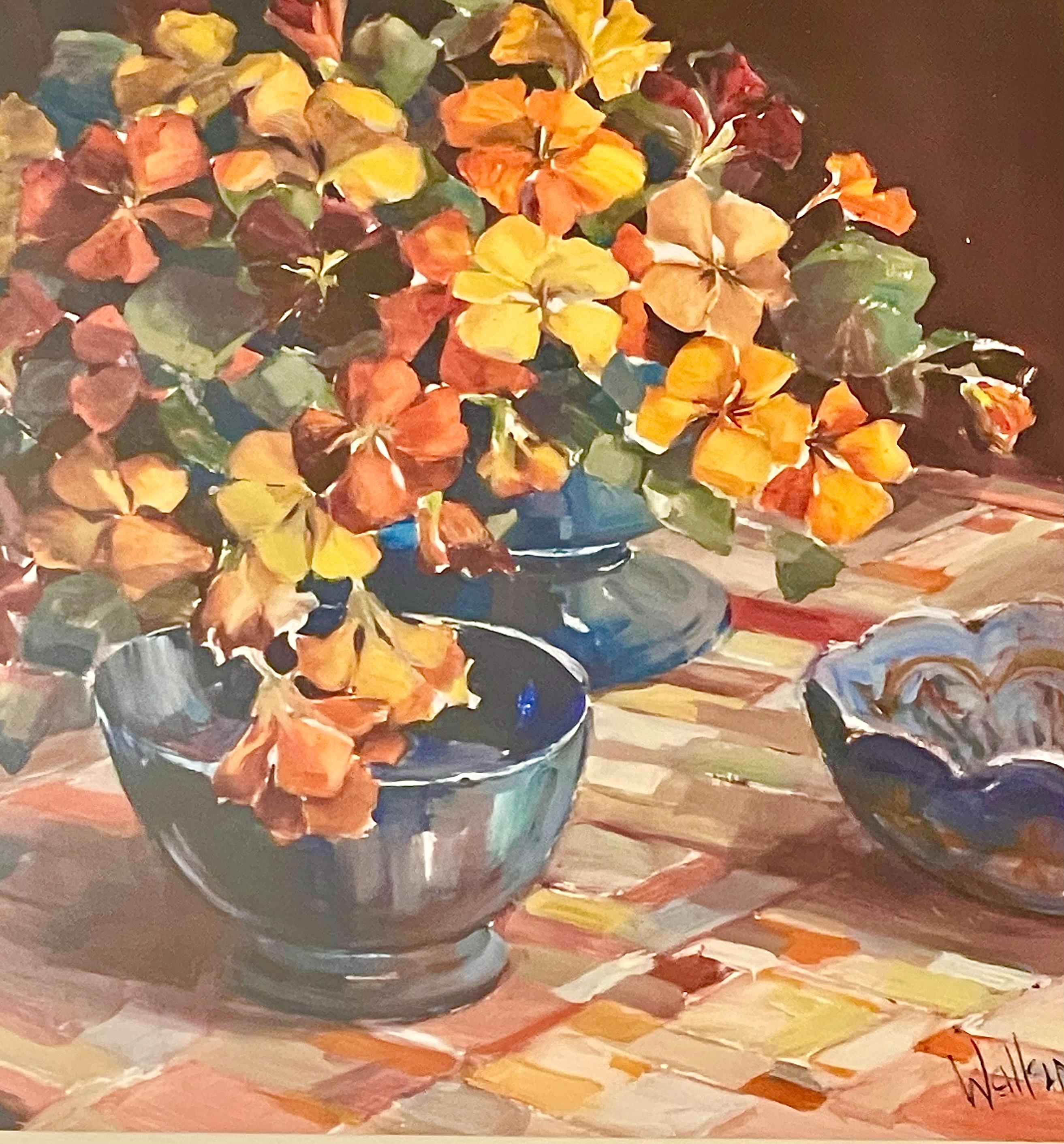Ethel Walker Still-Life Painting – Blumen auf Schachbrett-Tuch