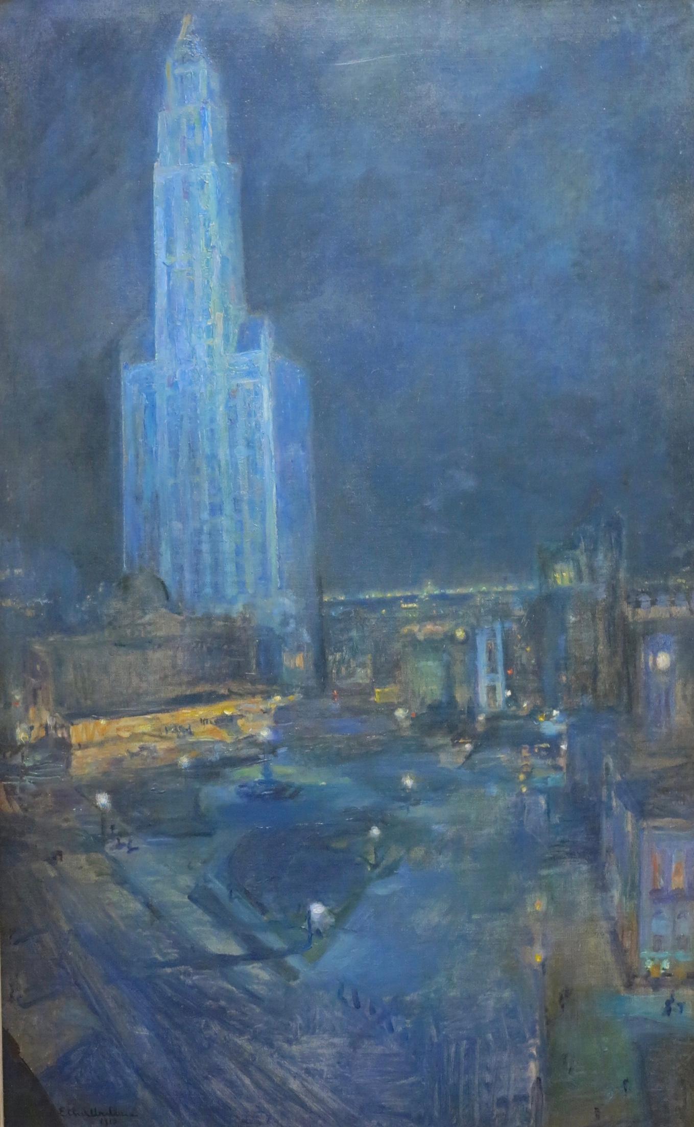 Ethel Wallace Landscape Painting - Woolworth Building and City Park (Manhattan Cityscape)