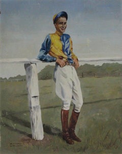 "Jockey w/ Yellow & Blue Silks" Oil on Board by Ethel Welch (American 1890-1983)