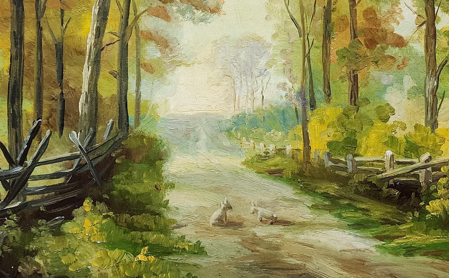 Der freundliche Pfad, Kaninchen, Landschaft der 1920er Jahre, geteilter Zaun – Painting von Ethel Williams