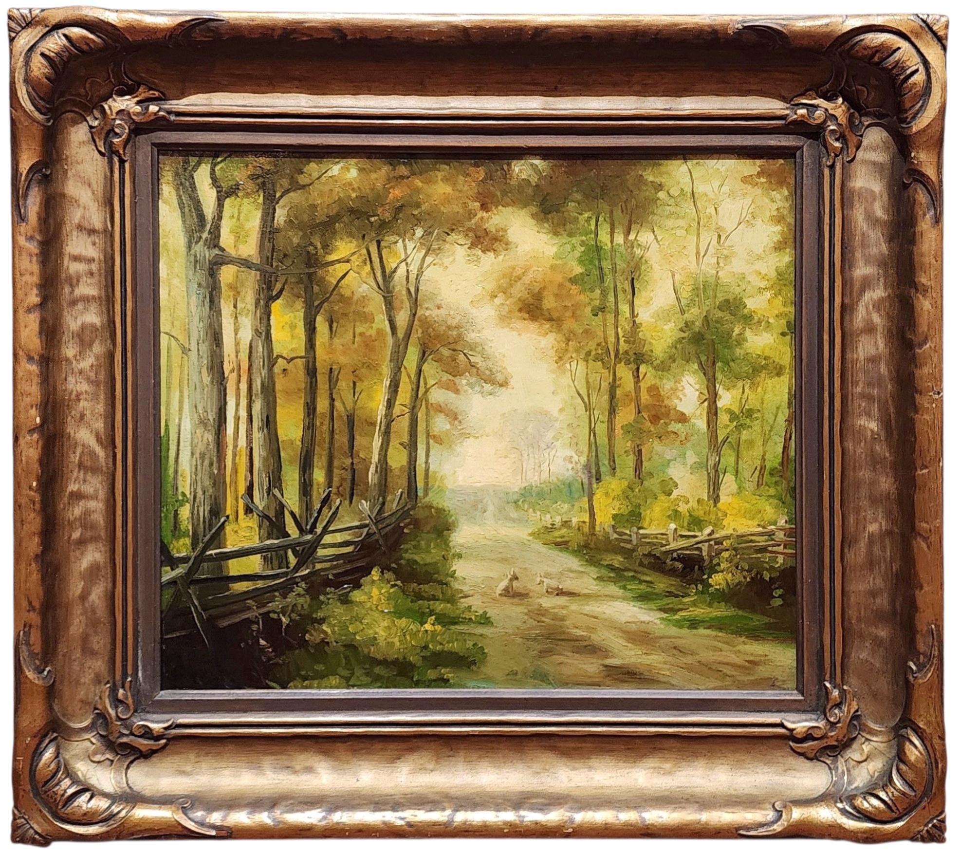 Ethel Williams Animal Painting – Der freundliche Pfad, Kaninchen, Landschaft der 1920er Jahre, geteilter Zaun