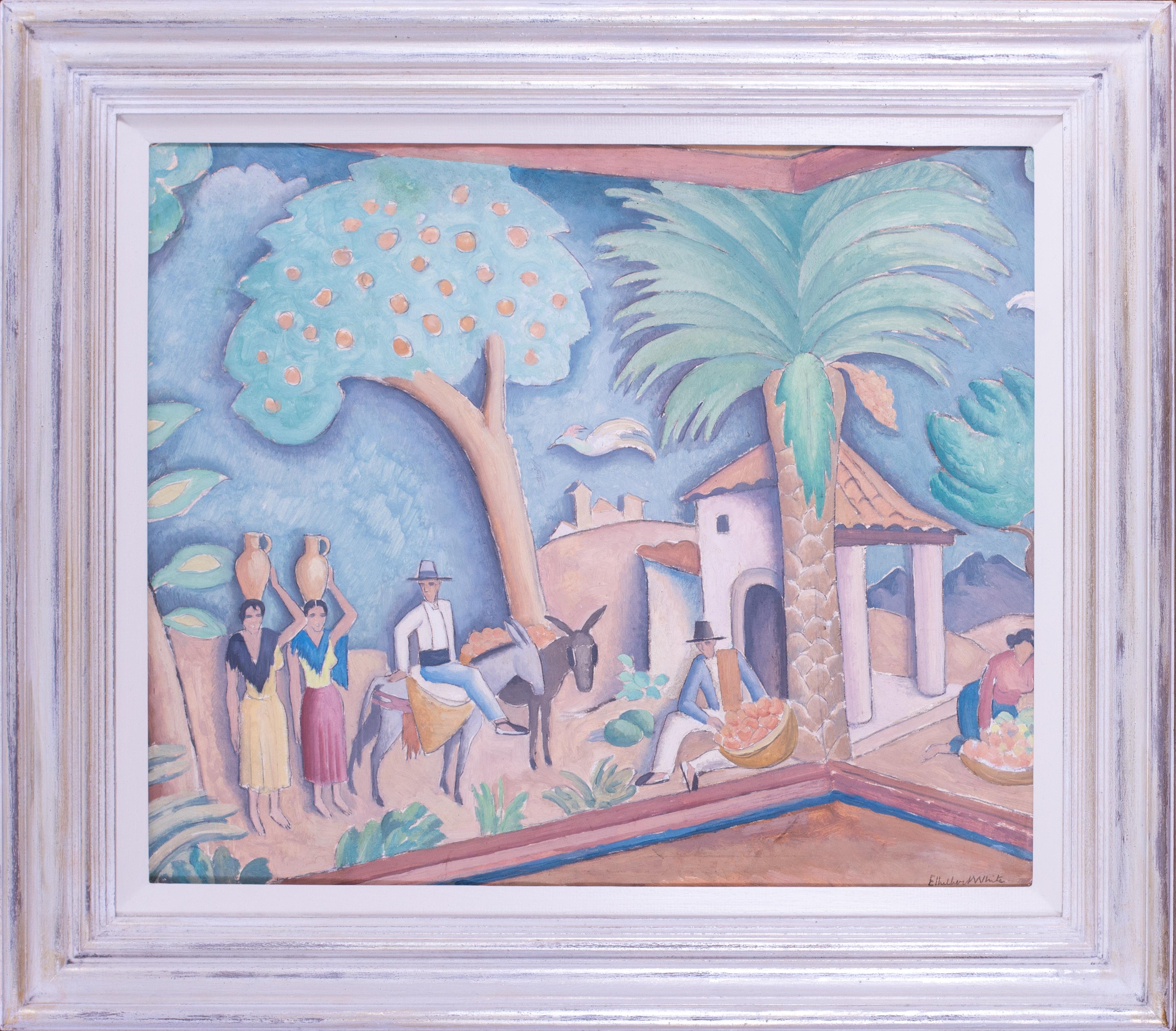 Ethelbert White Figurative Painting - A Spanish mural design by British 20th Century artist, oil on paper, signed