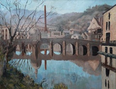 Bradford on Avon Bridge Landscape - British Post Impressionist town oil painting