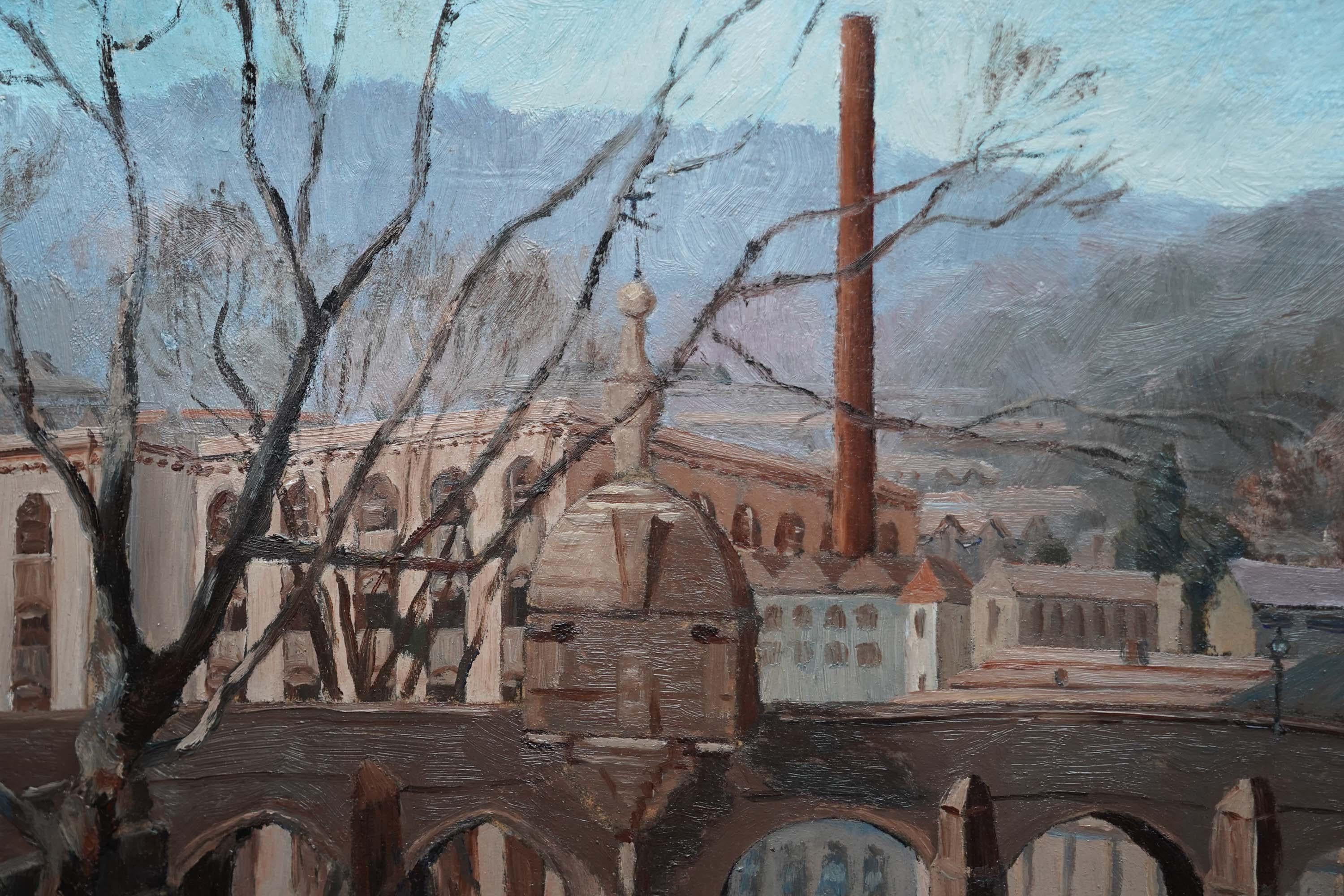 Paisaje del puente de Bradford on Avon - Pintura al óleo de la ciudad británica postimpresionista - Painting Posimpresionista de Ethelbert White
