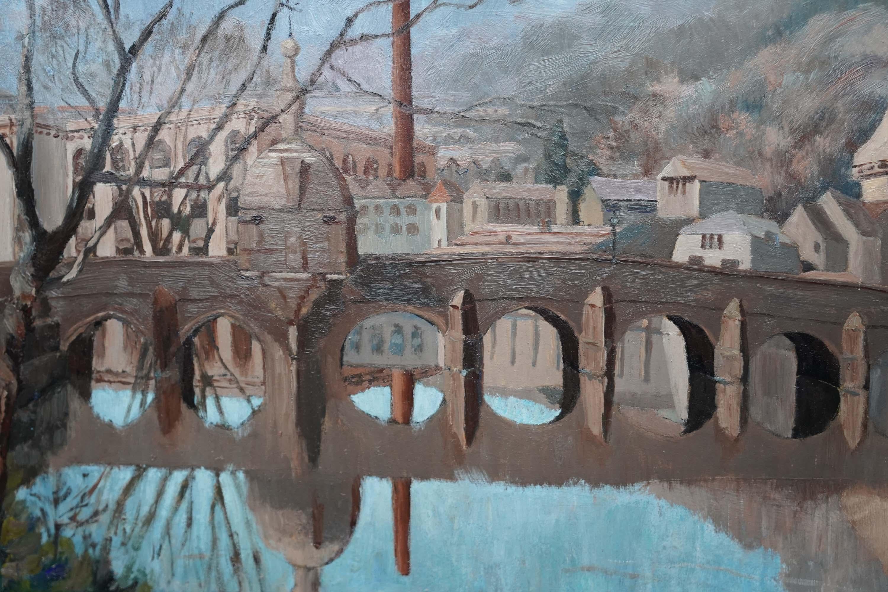 Paisaje del puente de Bradford on Avon - Pintura al óleo de la ciudad británica postimpresionista en venta 1