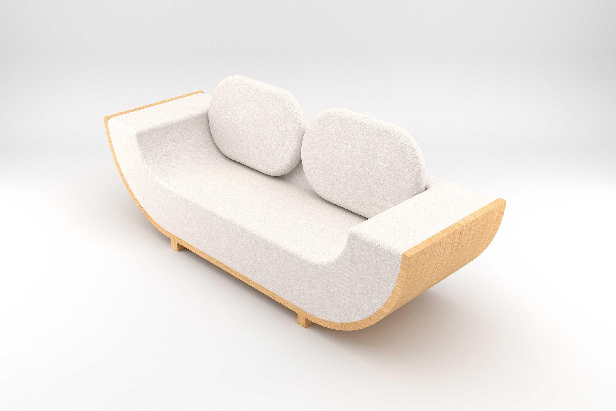 Las siluetas redondeadas de la colección Éter ponen de manifiesto la belleza elemental de la geometría básica, fusionándola con la calidez de la madera natural y la elegancia de sus cándidos tejidos. La pieza fue diseñada y fabricada por Prieto
