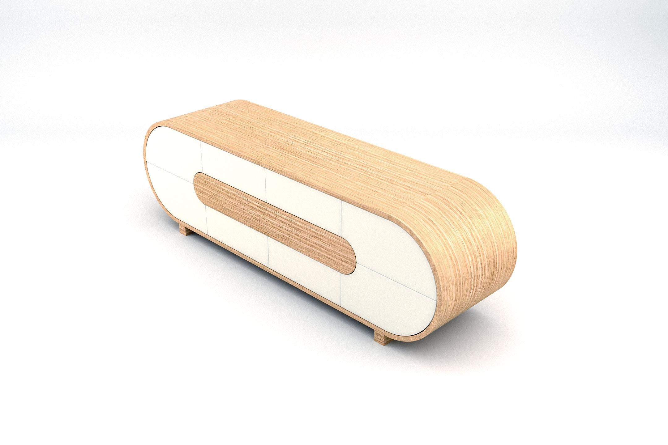 The rounded silhouettes of the Ether collection bring forward the elemental beauty of basic geometry while merging it with the warmth of natural wood. The Ether TV console counts with a set of eight cabinet doors lacquered in egg-shell white with a