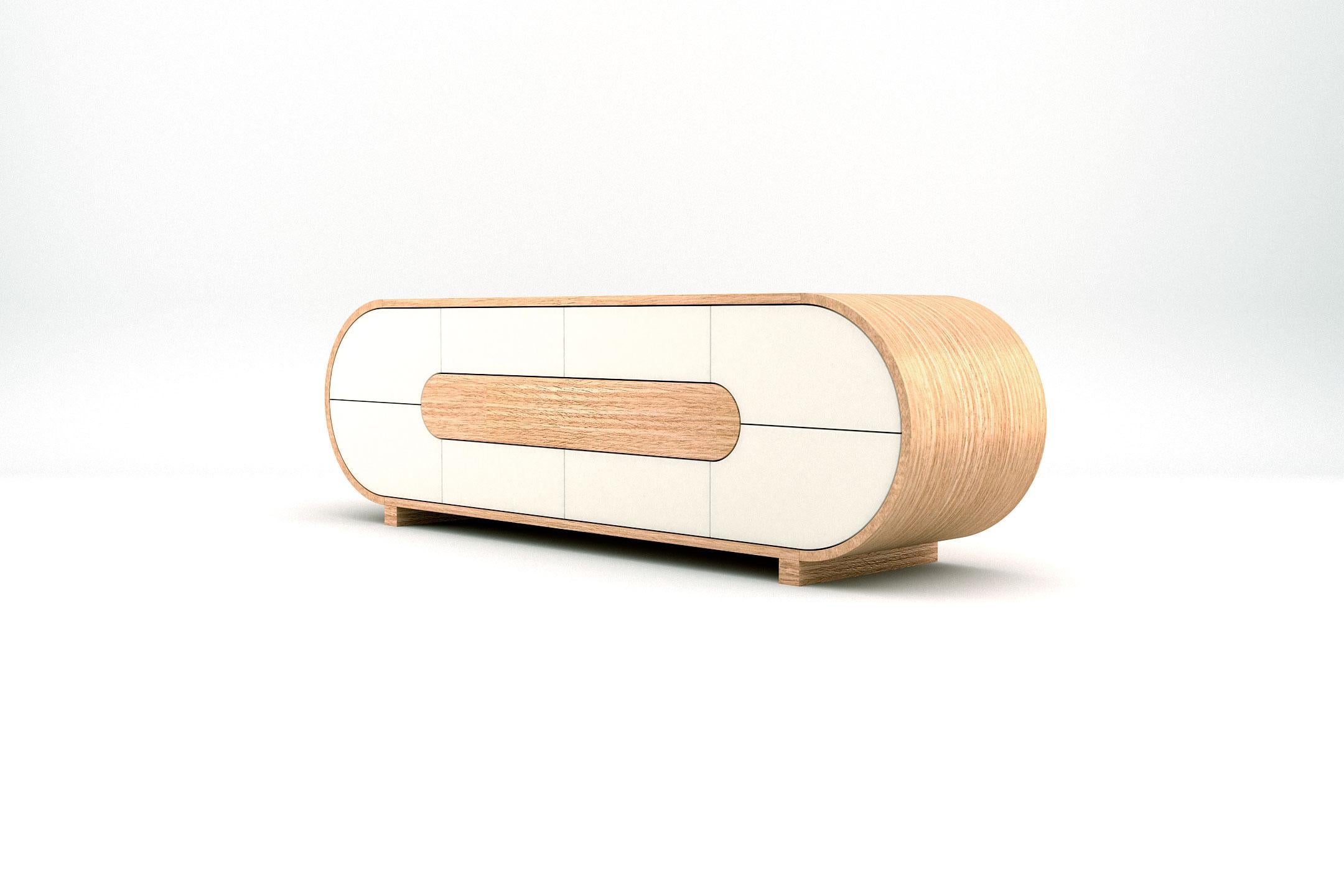 European Ether TV Console - Modern Handcrafted Console in Natural Wood and White Lacquer For Sale