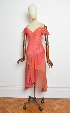 Ethereal 2000’s Vintage Floaty Pink & Lime Green Asymmetric Beaded Silk Dress