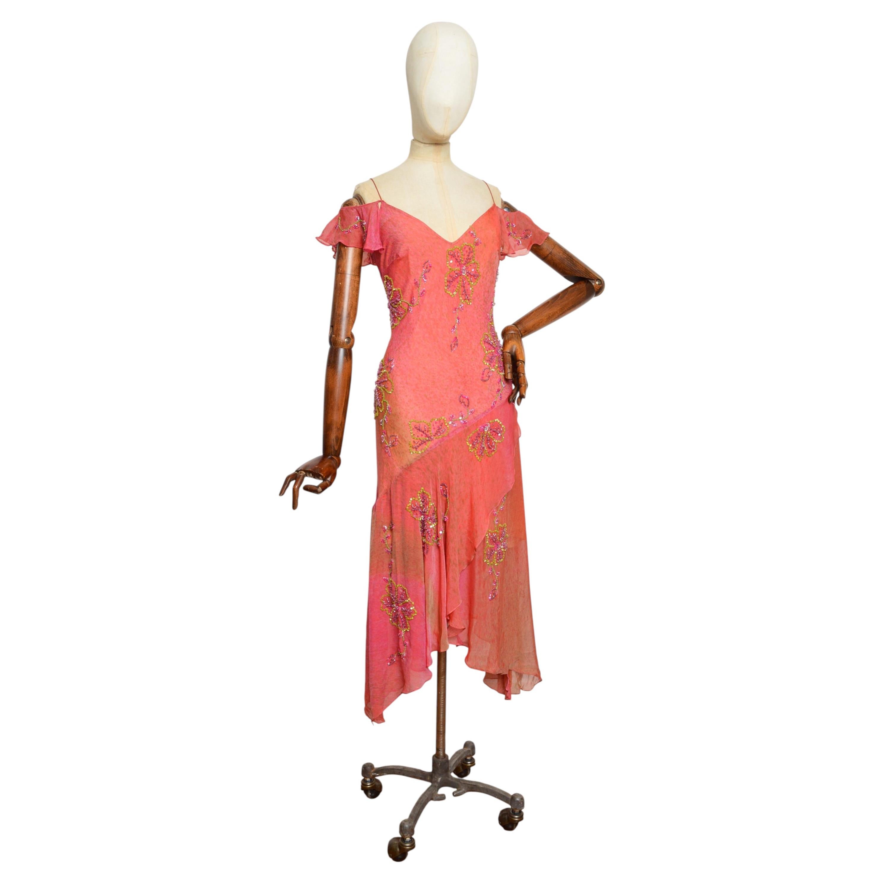 Ethereal 2000’s Vintage Floaty Pink & Lime Green Asymmetric Beaded Silk Dress