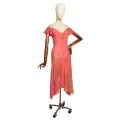 Ethereal 2000’s Vintage Floaty Pink & Lime Green Asymmetric Beaded Silk Dress