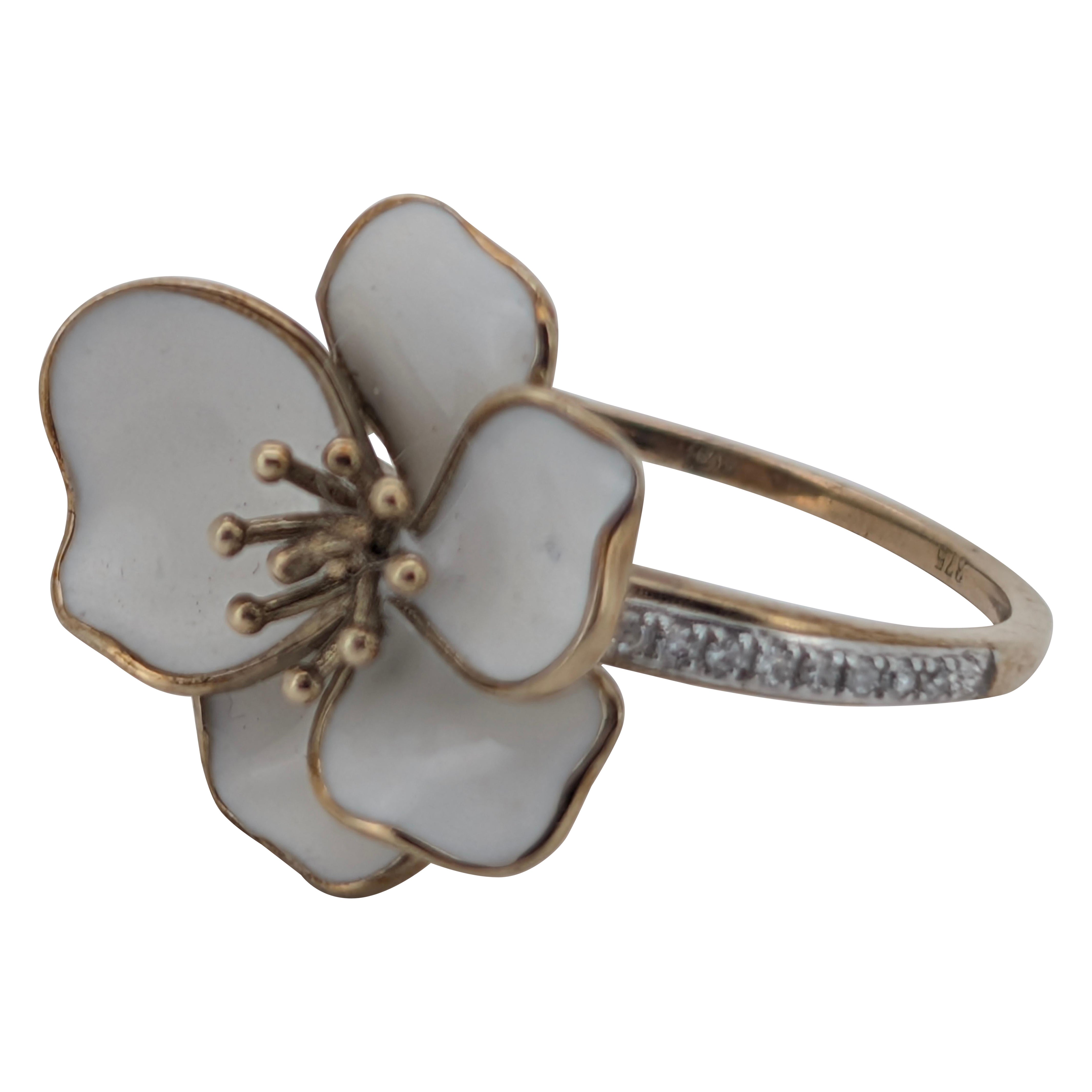 Ethereal 9K Gold and White Enamel Blossom Ring with Accents For Sale