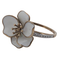 Ethereal 9K Gold and White Enamel Blossom Ring with Accents