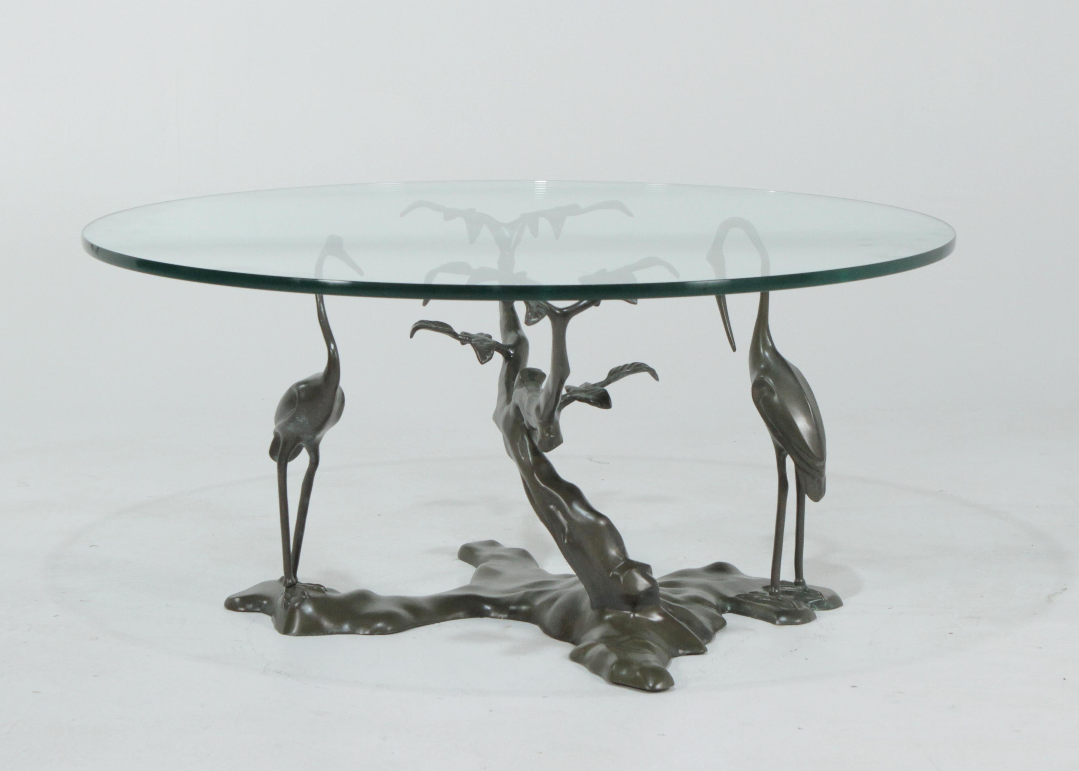 Belgian Ethereal Bronze Verdigris Patinated Bonsai Tree and Crane Coffee Table Base