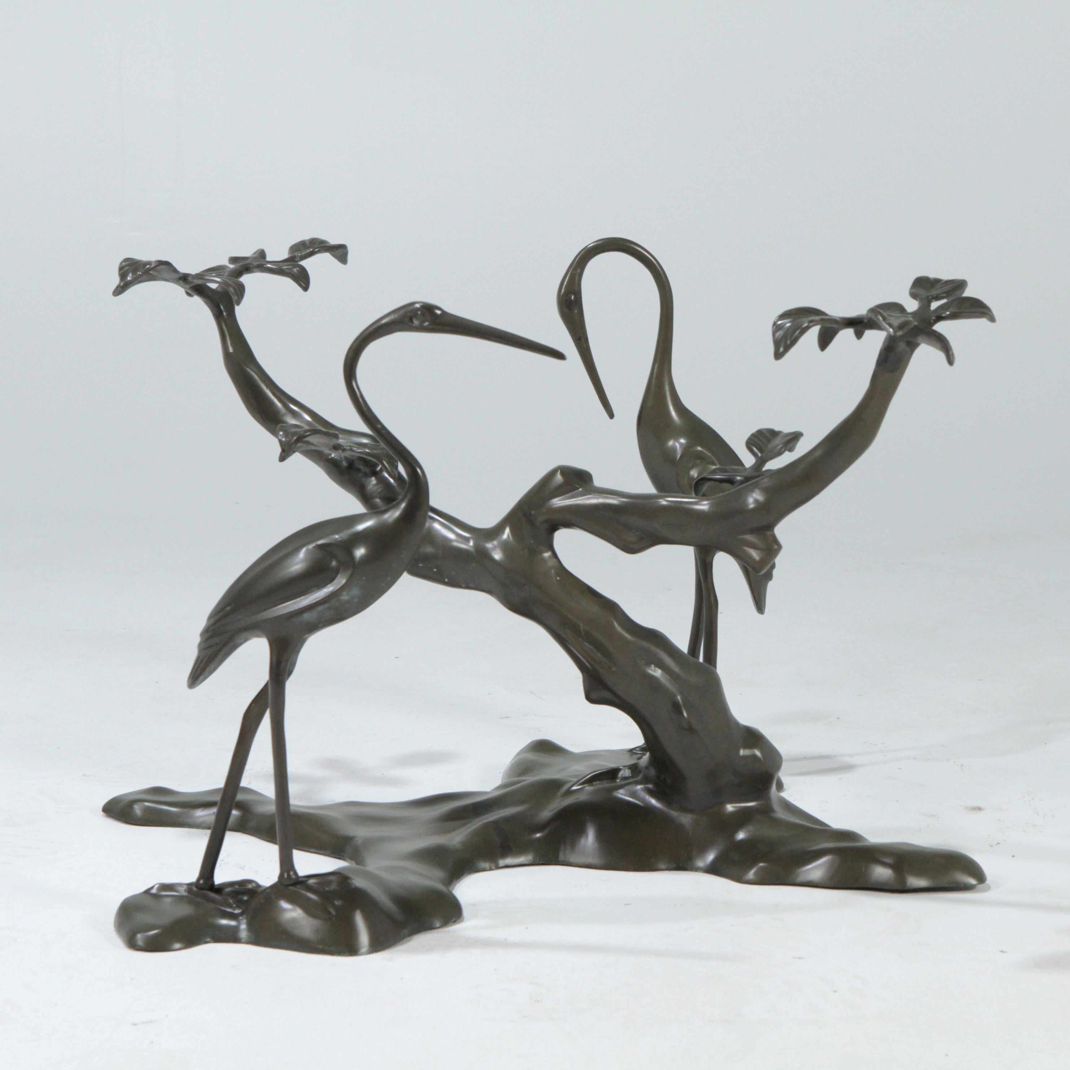 Late 20th Century Ethereal Bronze Verdigris Patinated Bonsai Tree and Crane Coffee Table Base