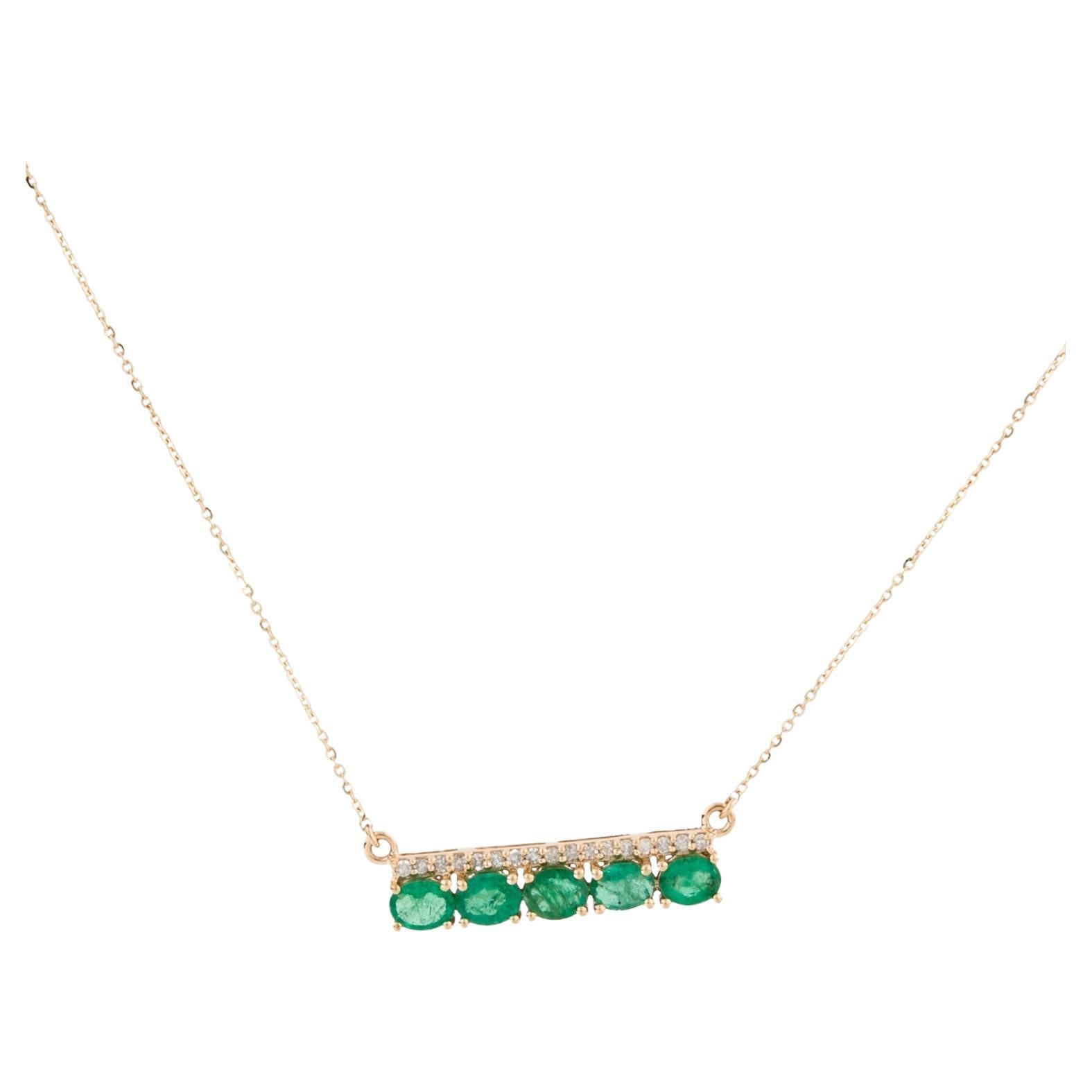 14K Emerald & Diamond Bar Pendant Necklace - Exquisite Gemstone Statement Piece For Sale