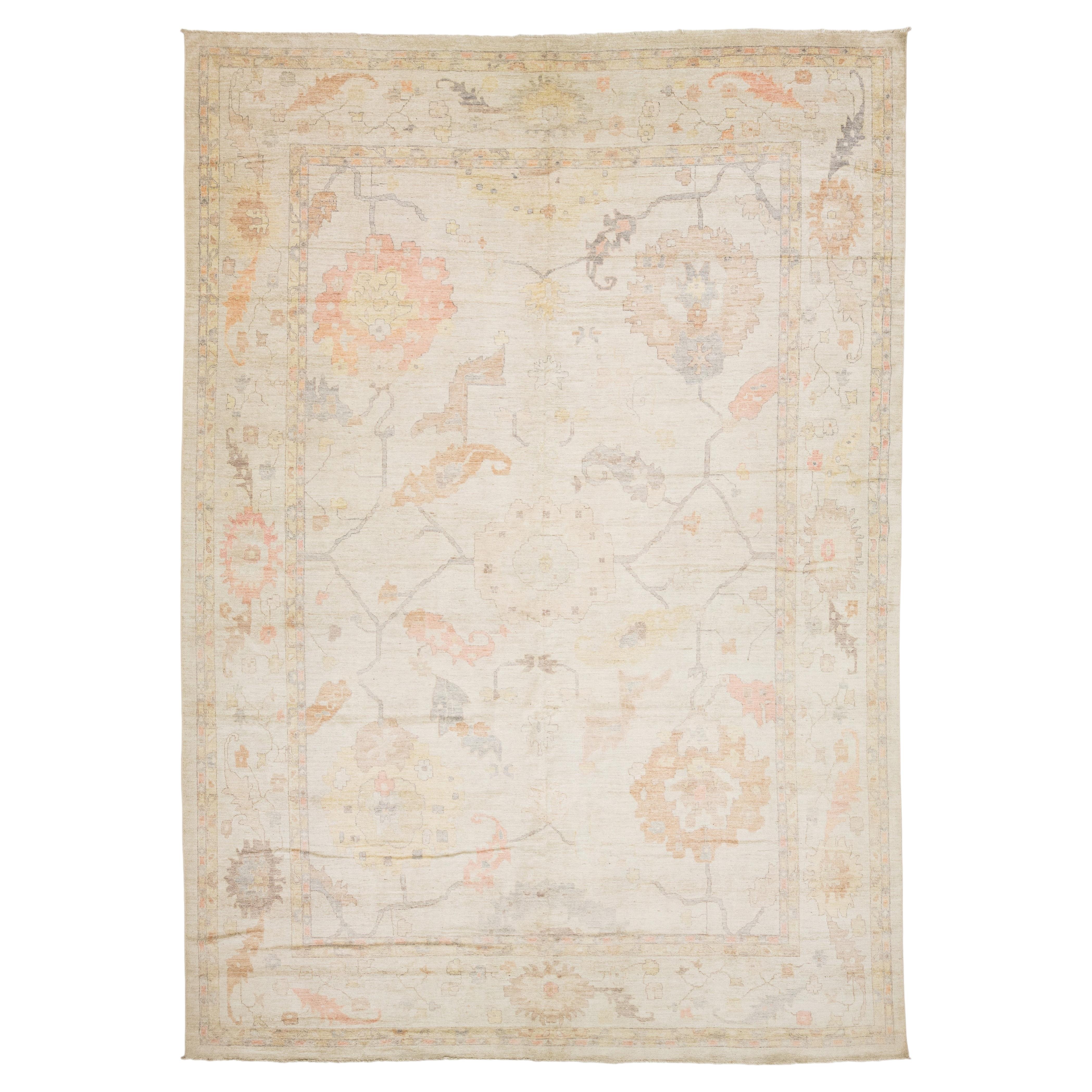 Ethereal Modern Oushak Style Handmade Wool Area Rug Pastels & Earth Tones 14x19 For Sale