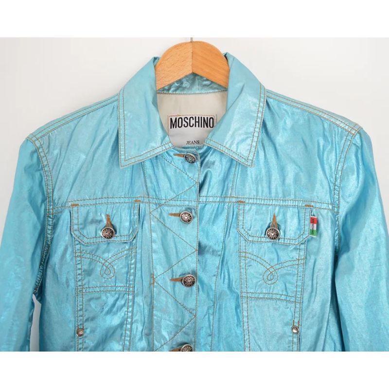 Ethereal Moschino y2k Shiny Blue Lame Metallic Cotton Jacket In Excellent Condition For Sale In Sheffield, GB