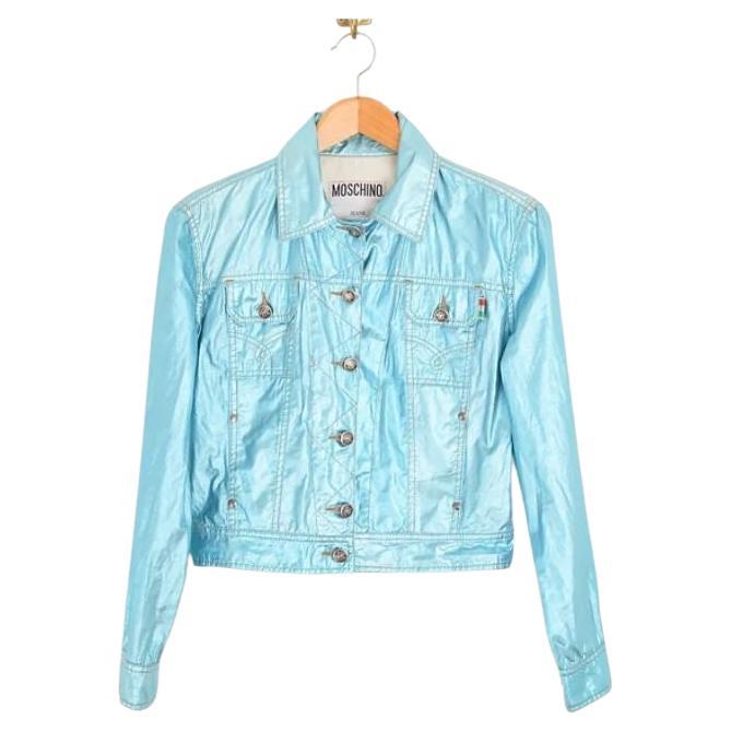 Ethereal Moschino y2k Shiny Blue Lame Metallic Cotton Jacket For Sale
