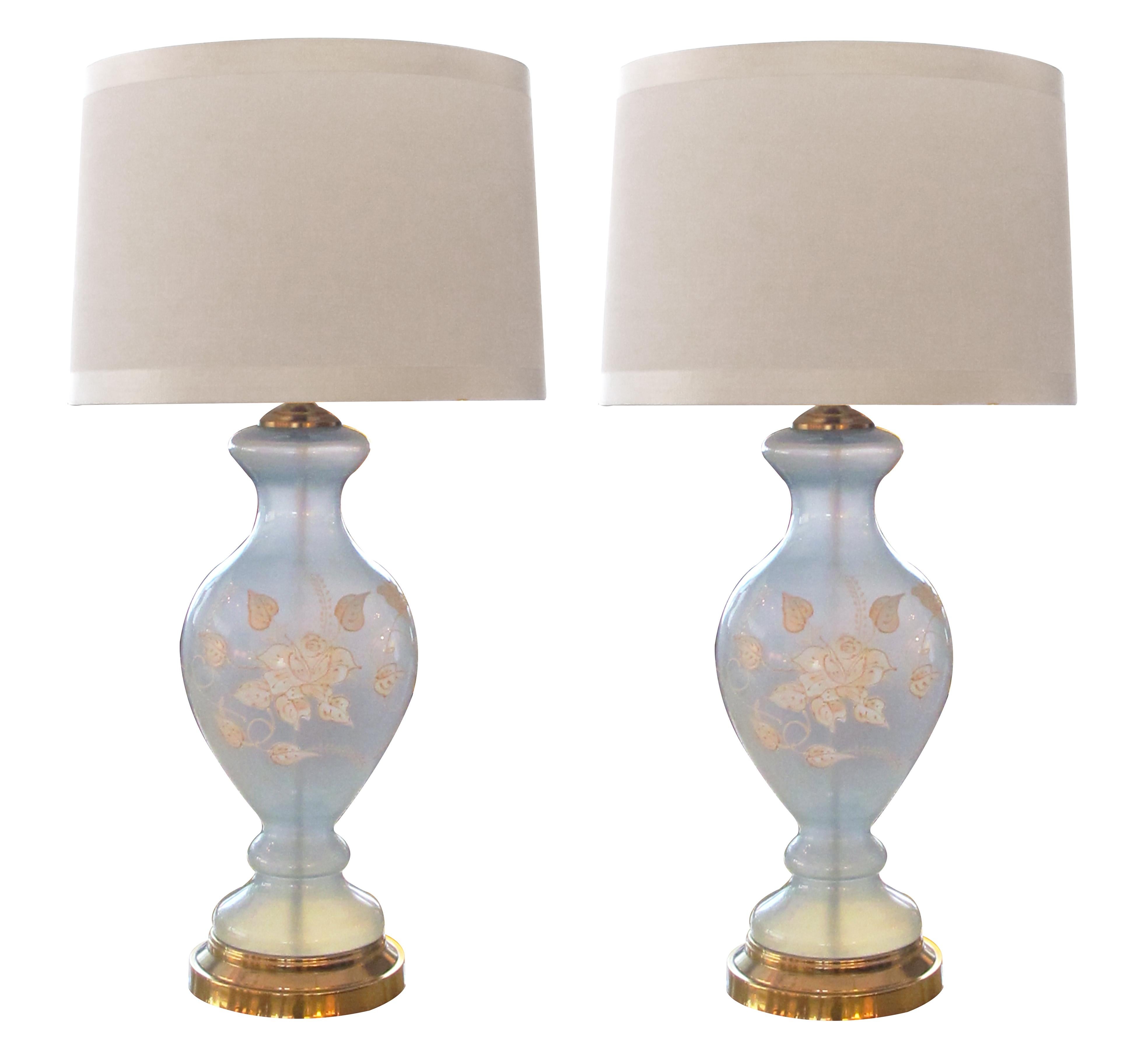 Ethereal Pair of American 1960s Frosted Ice-Blue Glass Baluster-Form Lamps For Sale