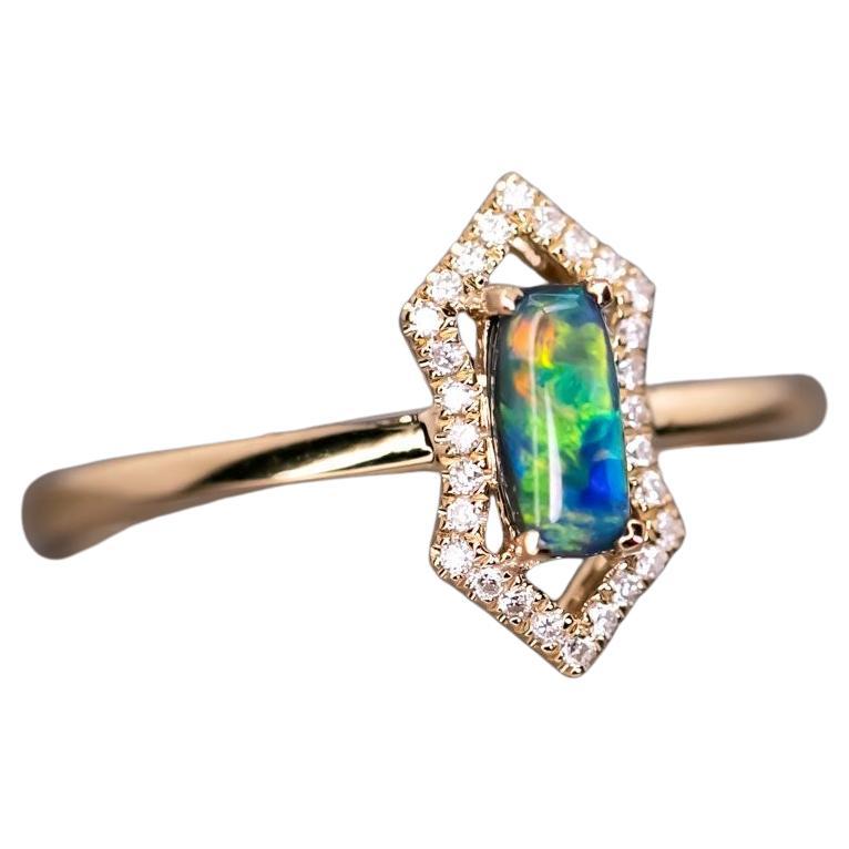 Ethereal Prism - Halo Diamond Black Opal Engagement Ring 18K Yellow Gold