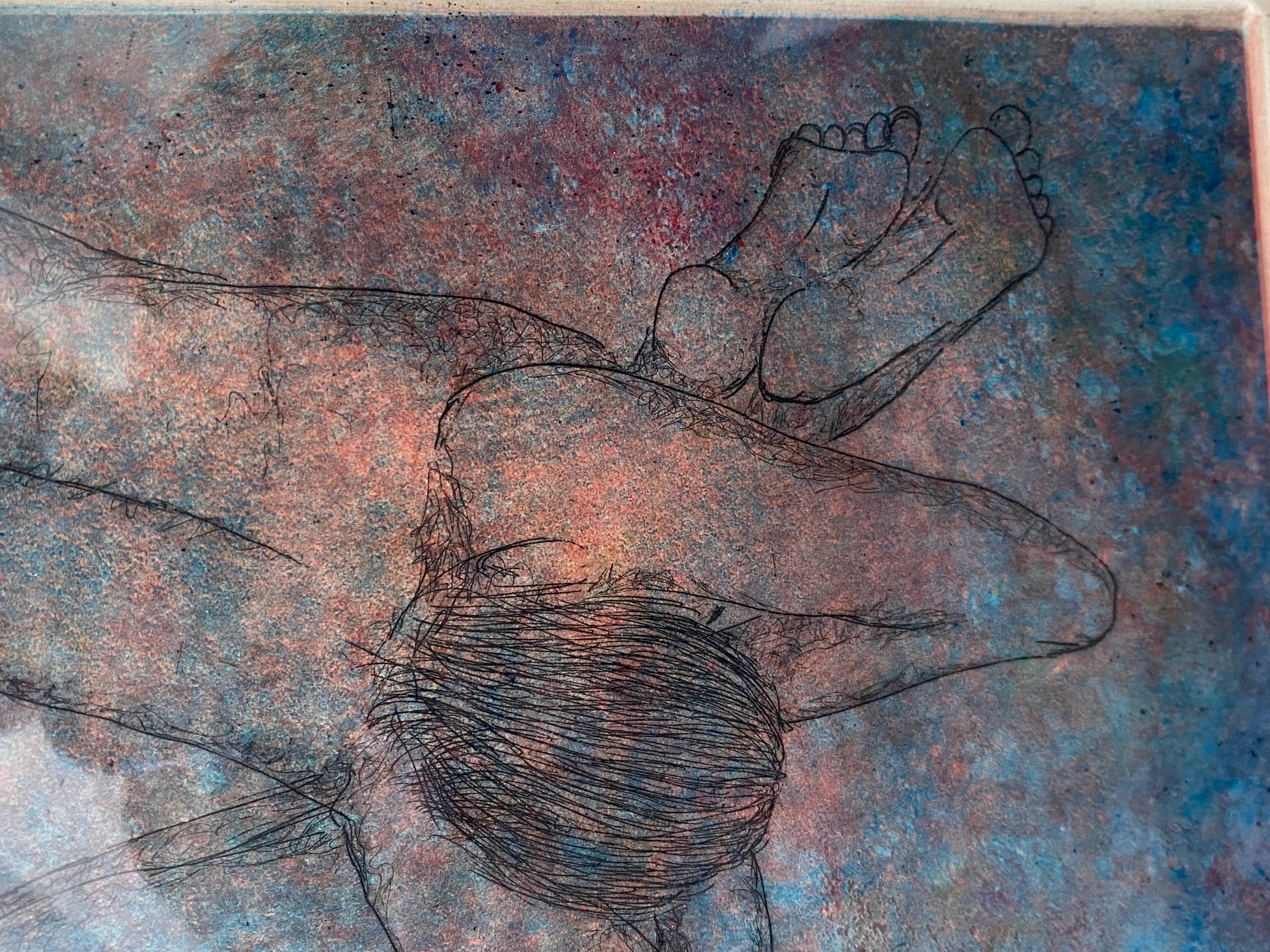 Figures de natation éthérées Gravure dans un cadre en bois dur blond en vente 2