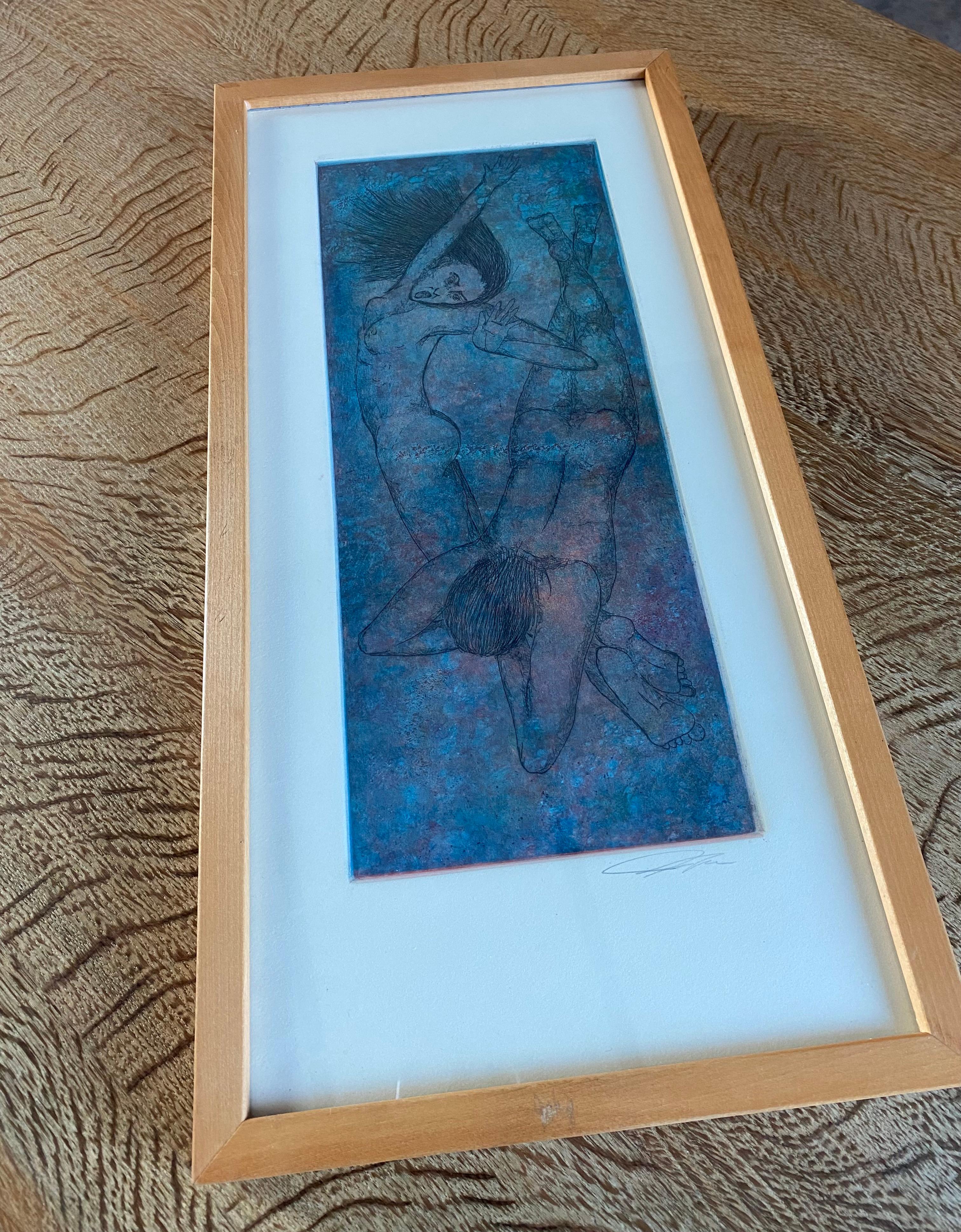 Bohème Figures de natation éthérées Gravure dans un cadre en bois dur blond en vente