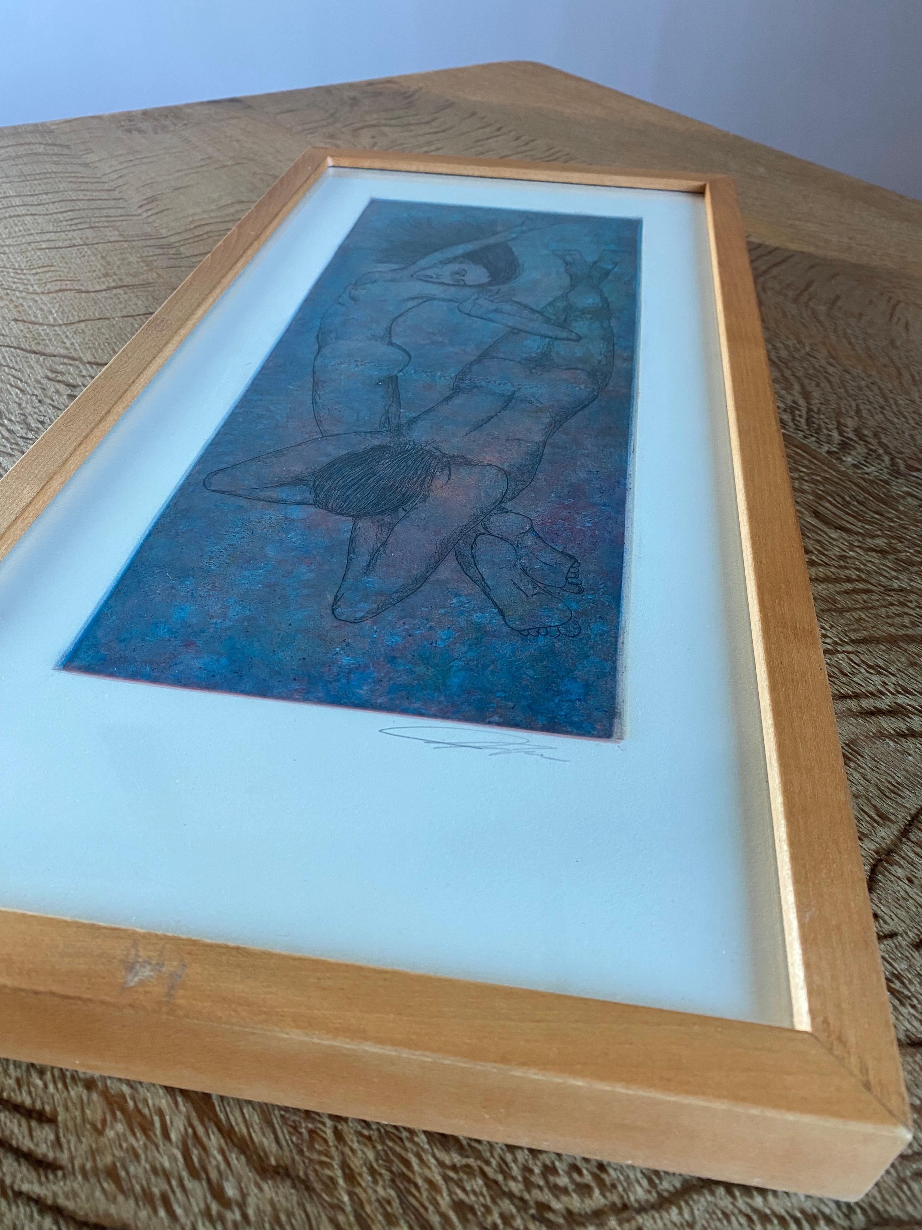 Américain Figures de natation éthérées Gravure dans un cadre en bois dur blond en vente