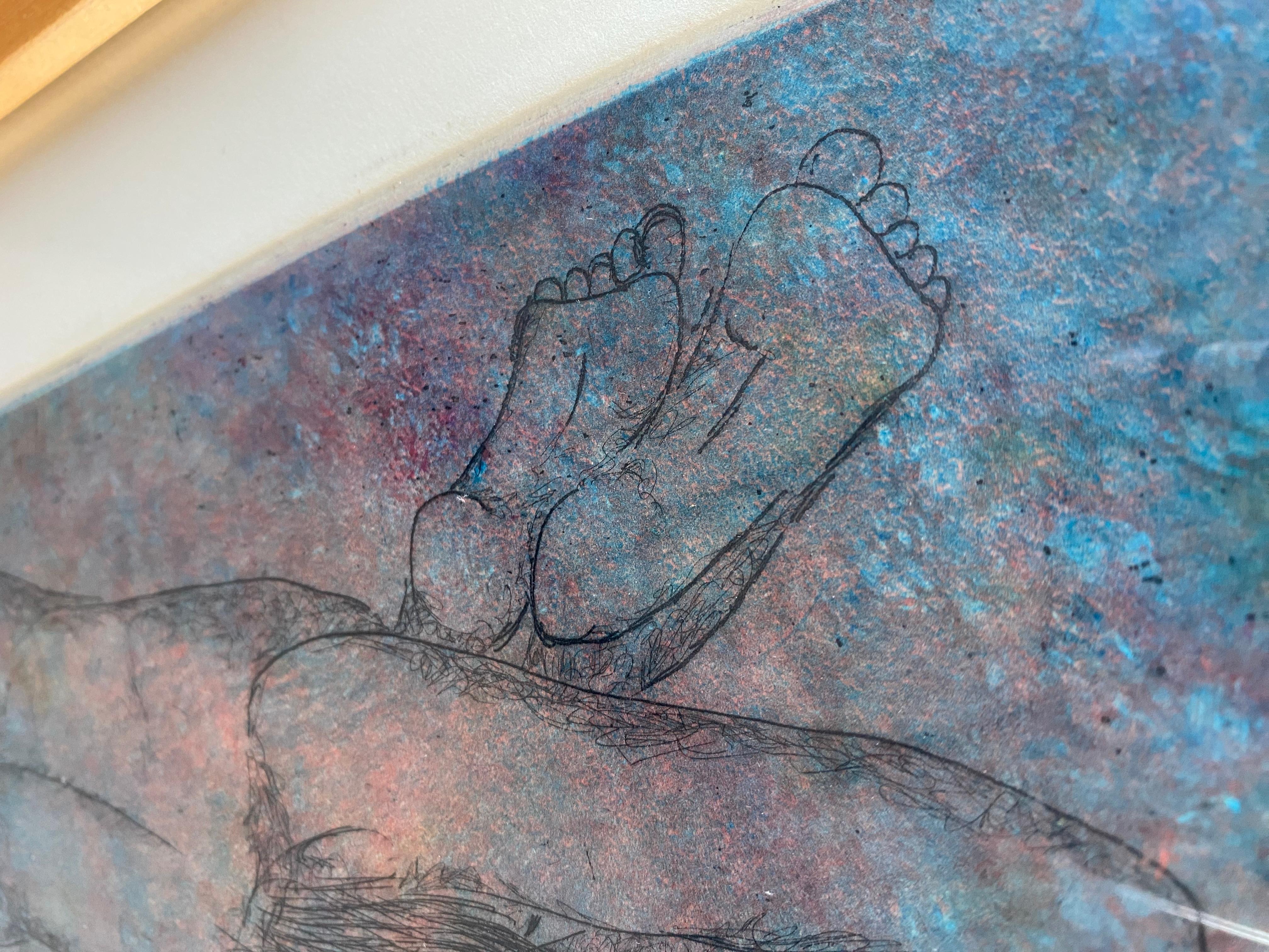 Figures de natation éthérées Gravure dans un cadre en bois dur blond Bon état - En vente à Round Top, TX