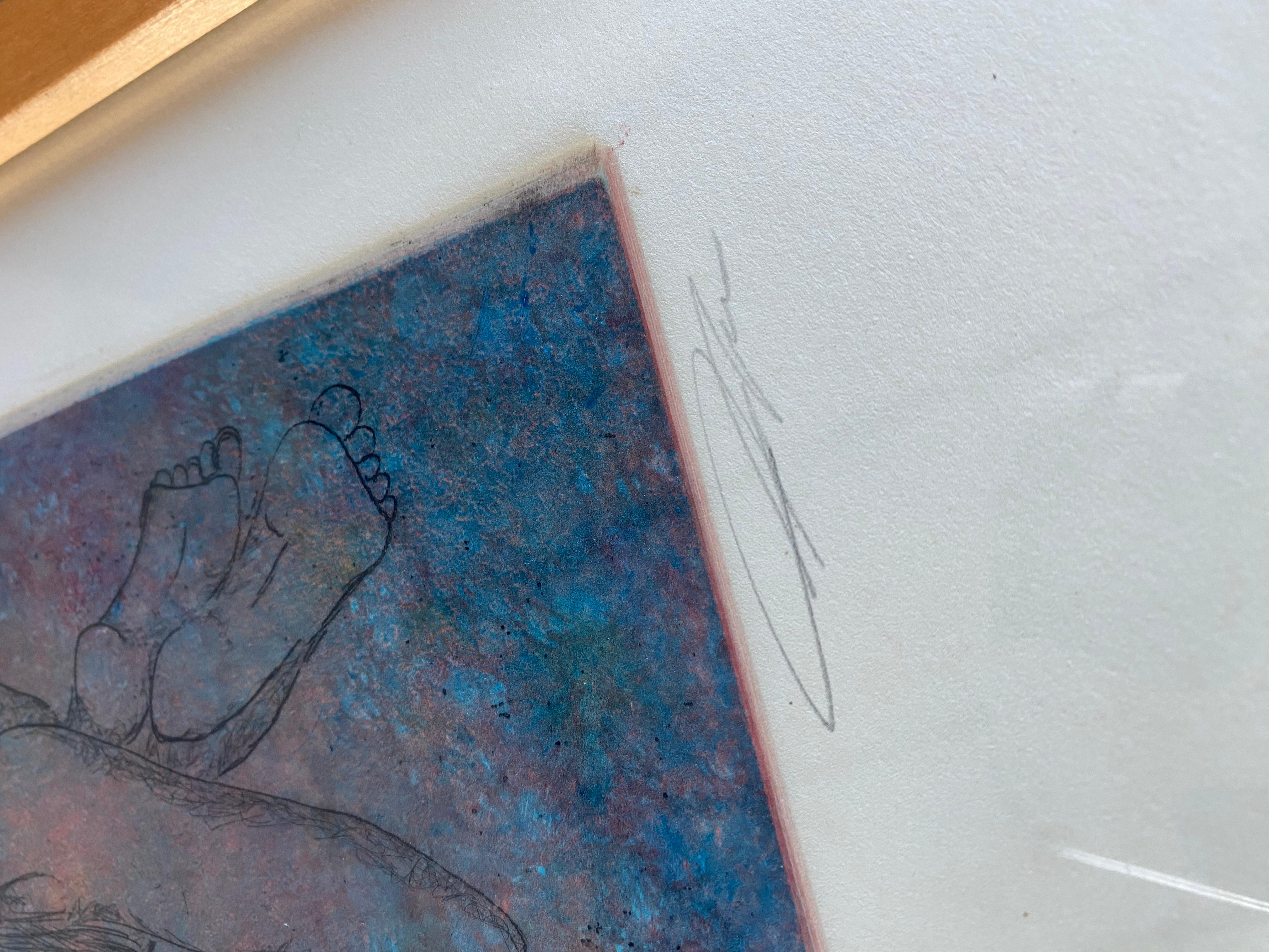 20ième siècle Figures de natation éthérées Gravure dans un cadre en bois dur blond en vente