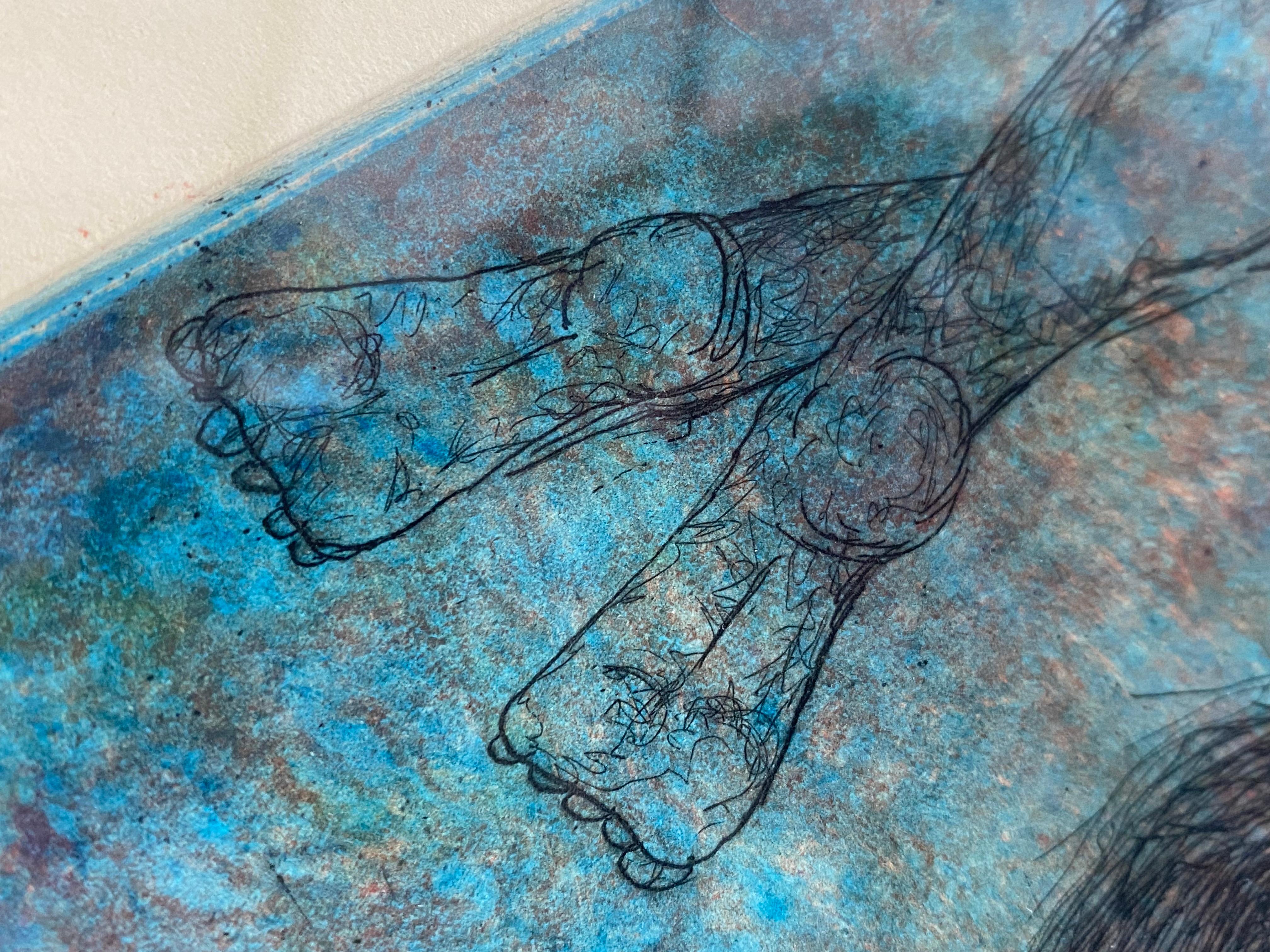 Verre Figures de natation éthérées Gravure dans un cadre en bois dur blond en vente