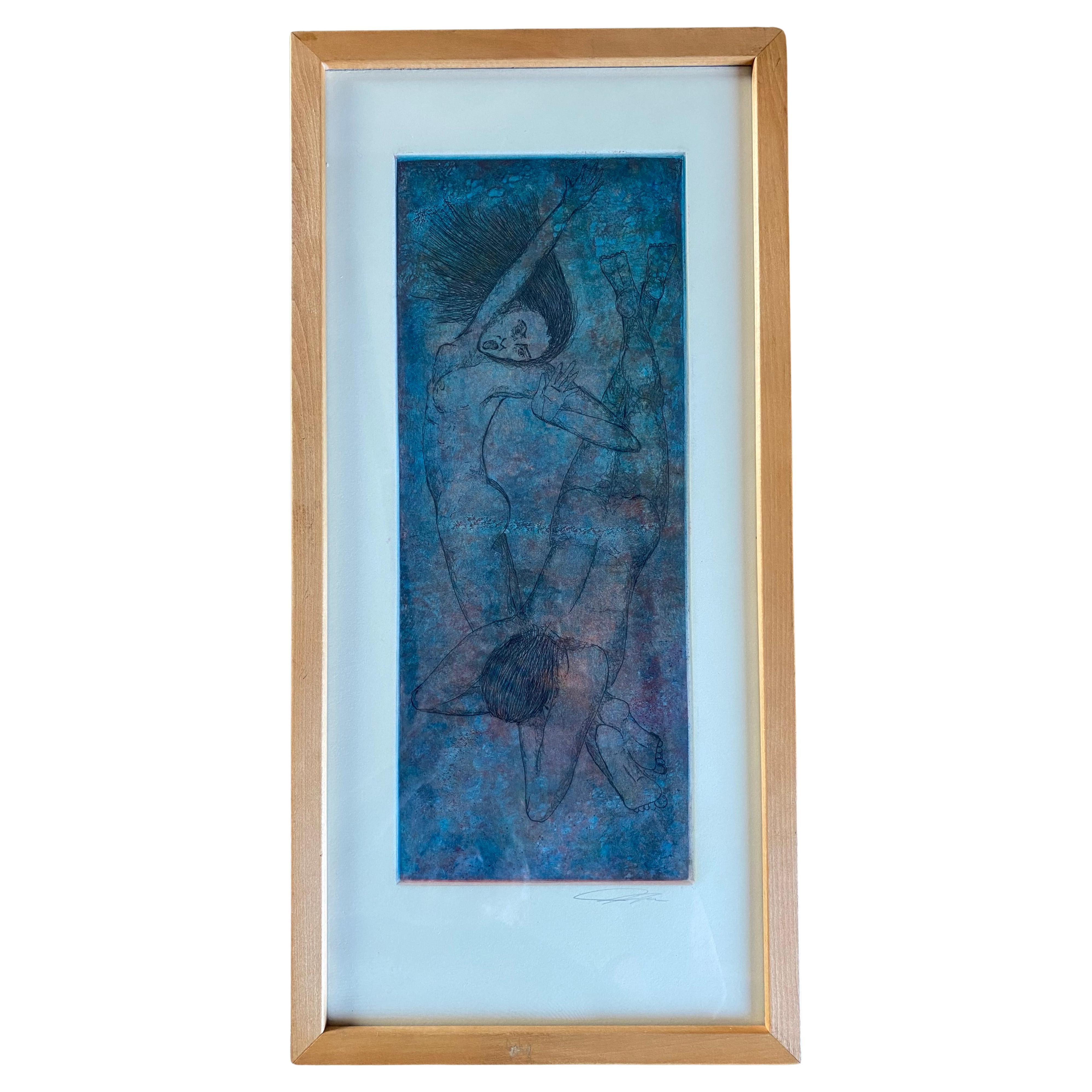 Figures de natation éthérées Gravure dans un cadre en bois dur blond