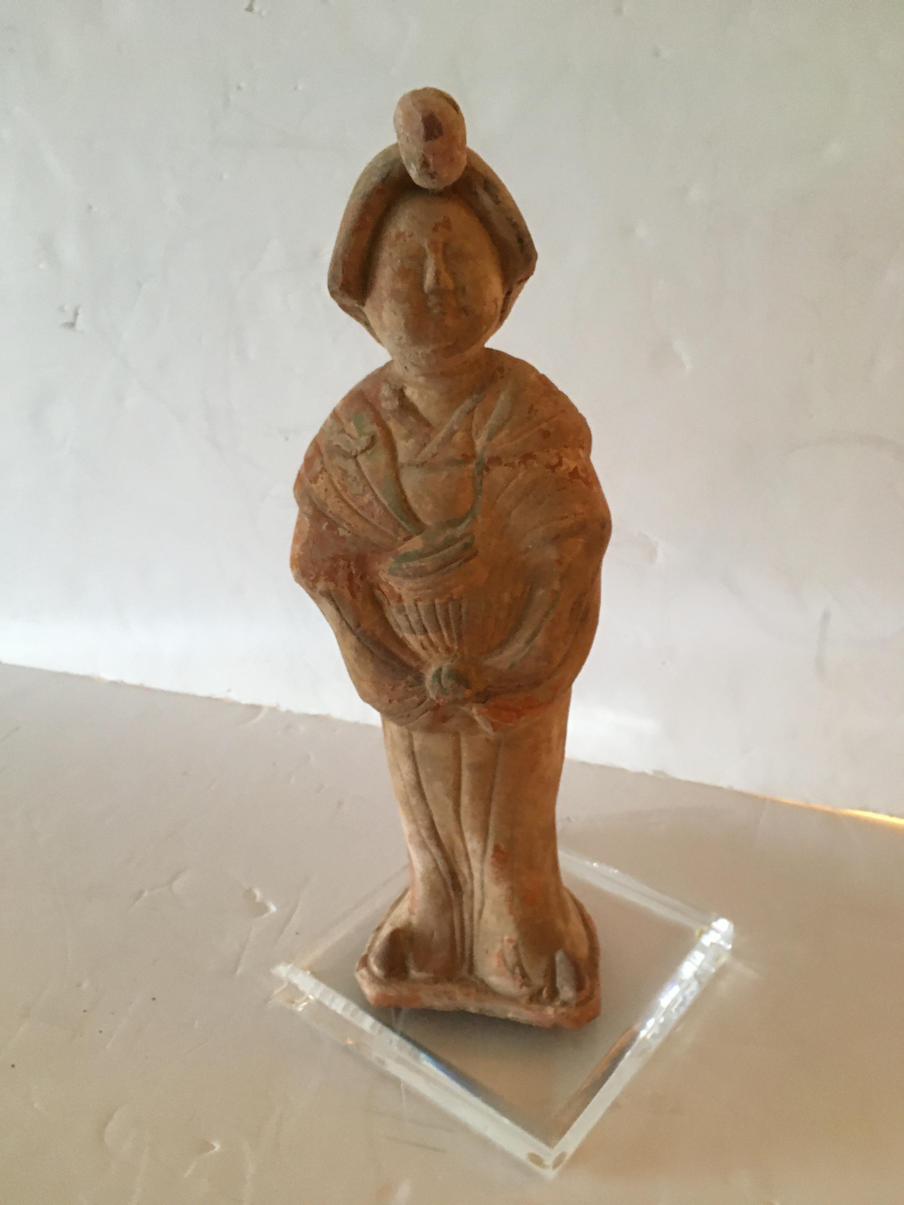 Chinese Export Ethereal Terracotta Chinese Ancestor Sculpture on Lucite Base For Sale