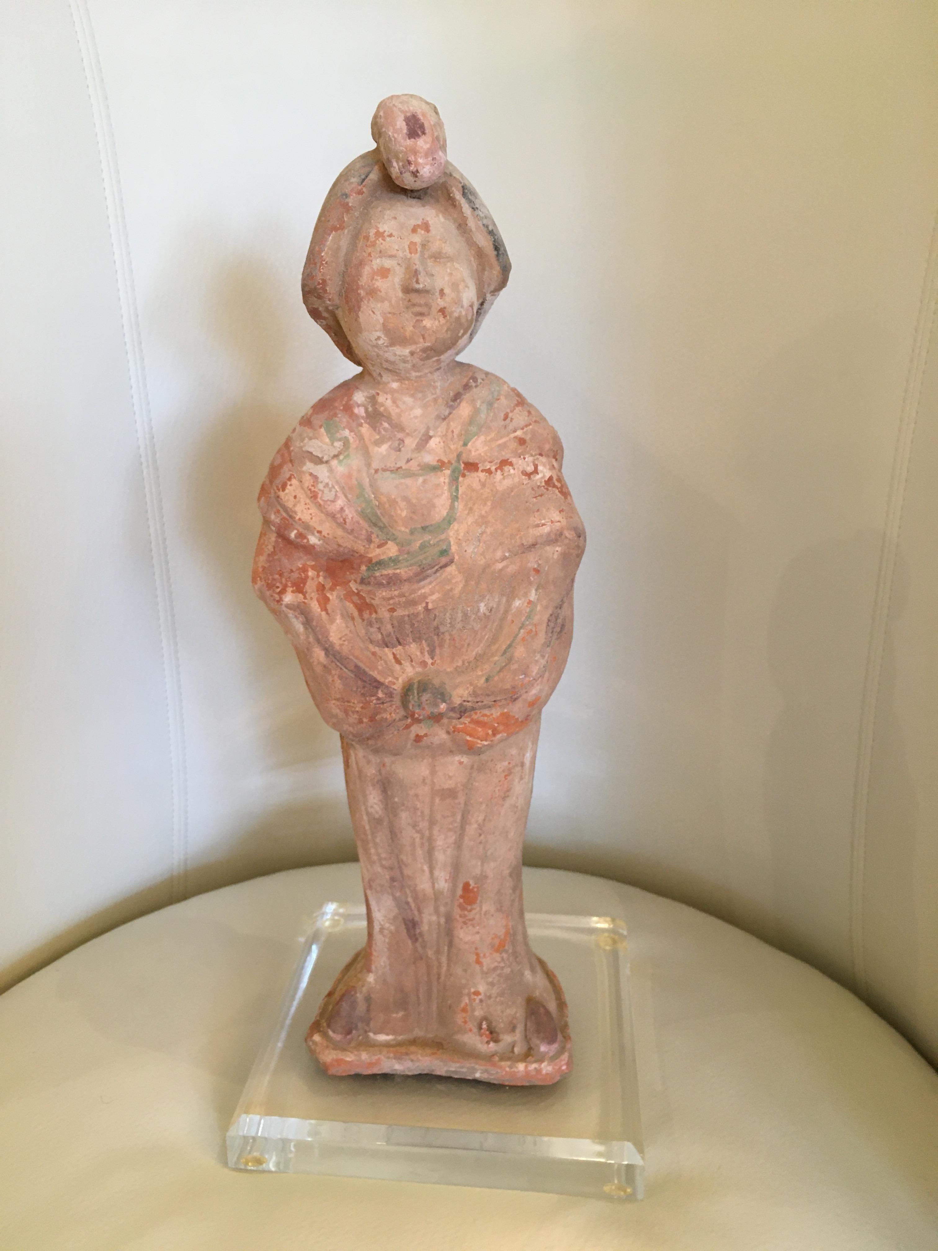 Ethereal Terracotta Chinese Ancestor Sculpture on Lucite Base For Sale 3