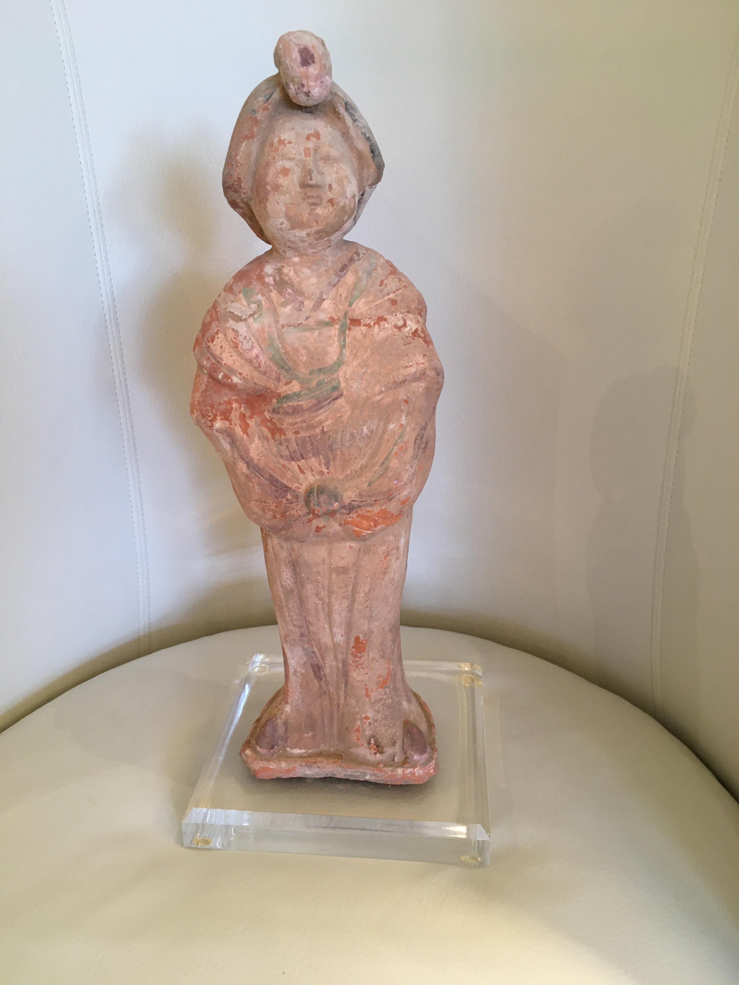 Ethereal Terracotta Chinese Ancestor Sculpture on Lucite Base For Sale 4