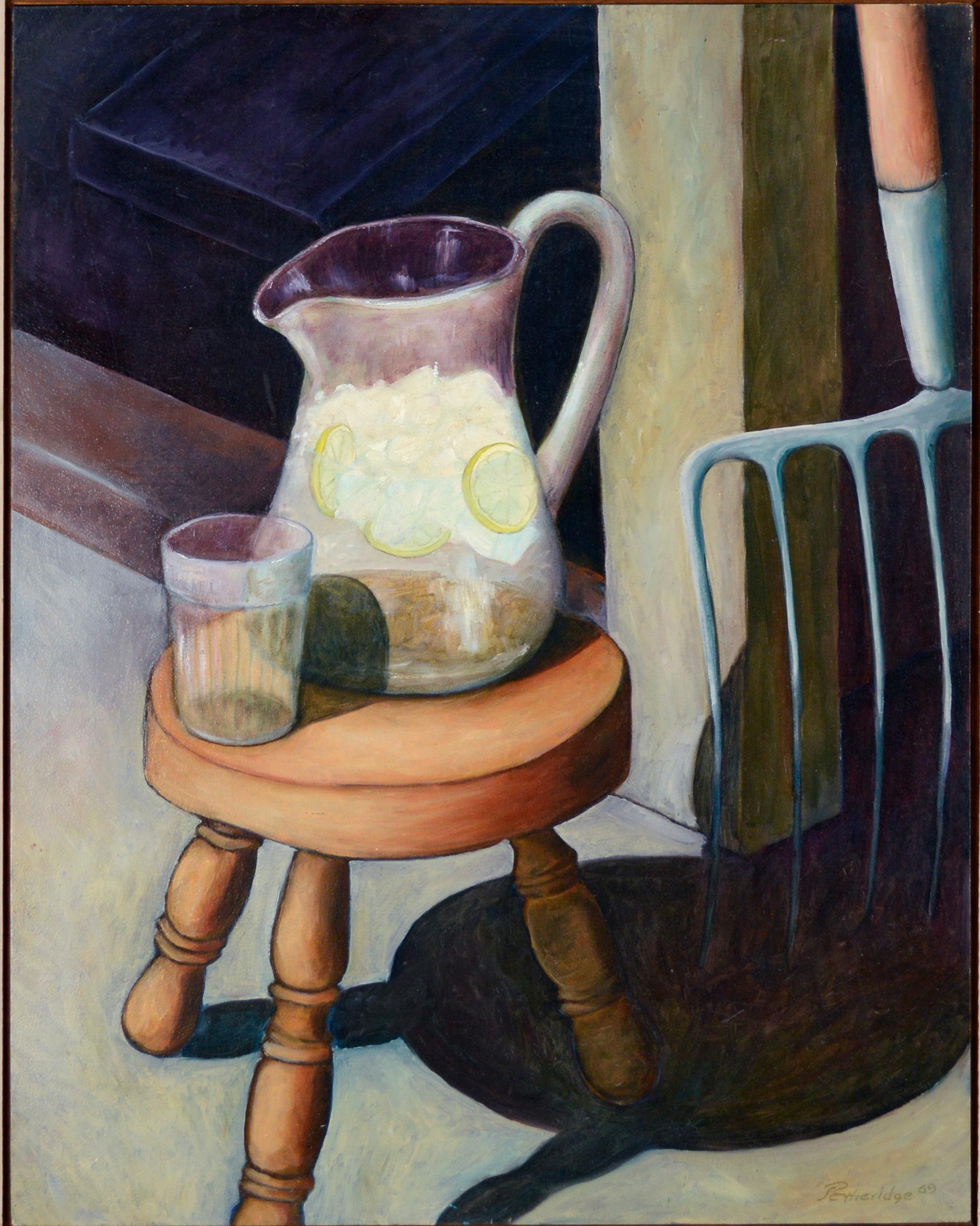 After the Chores comes Cold Lemonade Milking Stool Still Life - Painting by Etheridge