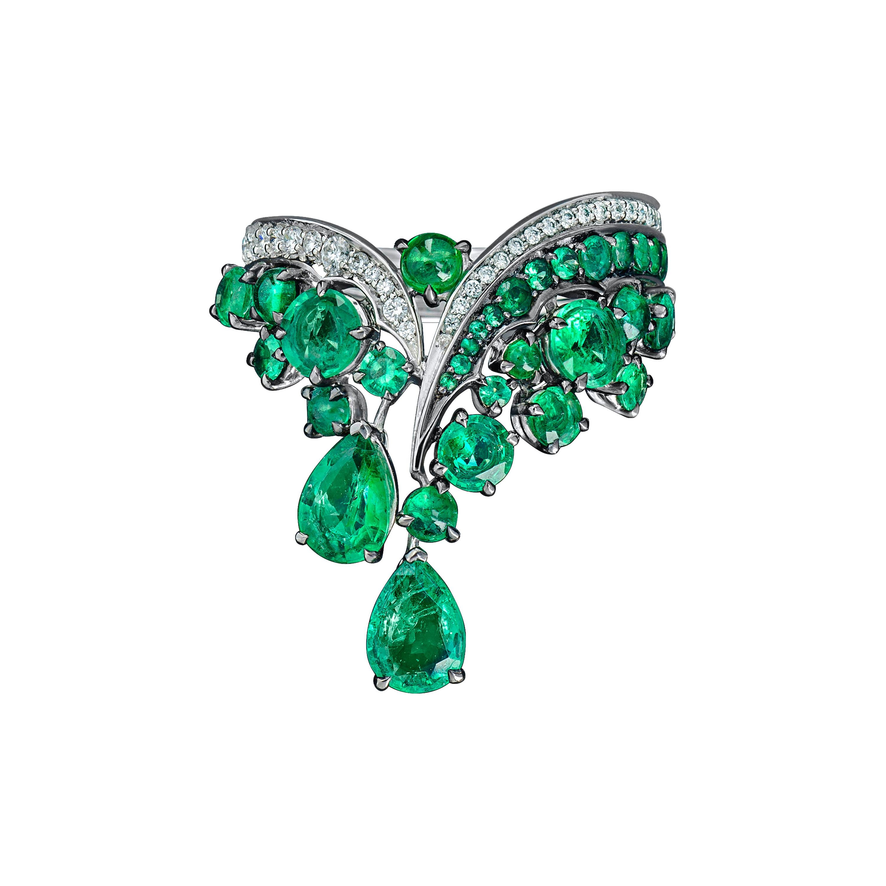 Ethically Sourced Emeralds Cocktail Ring, in 18K White Gold and White Diamonds