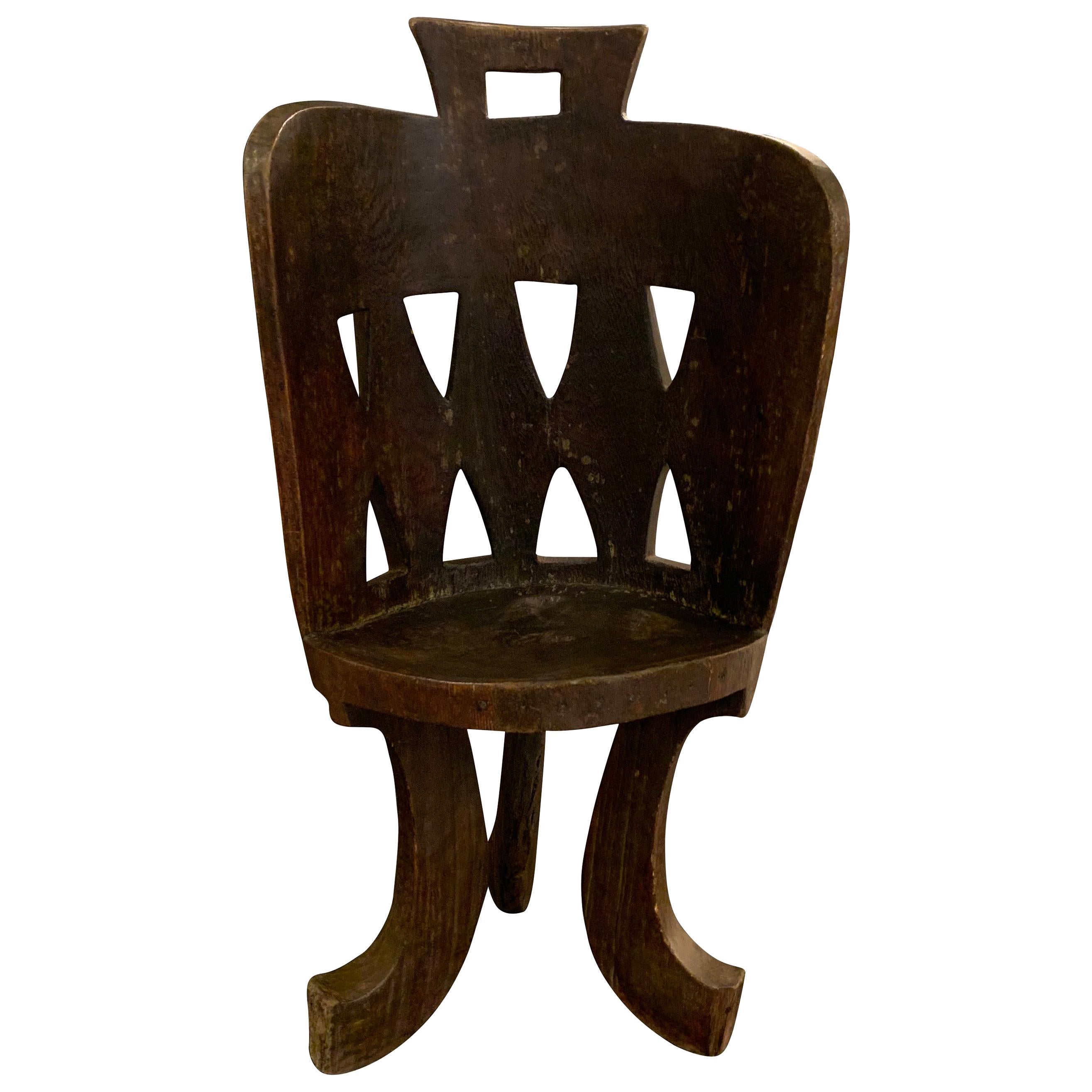 Hand Carved Dark Brown Ethiopian Barrel Back Wood Side Chair, Africa, 1950s