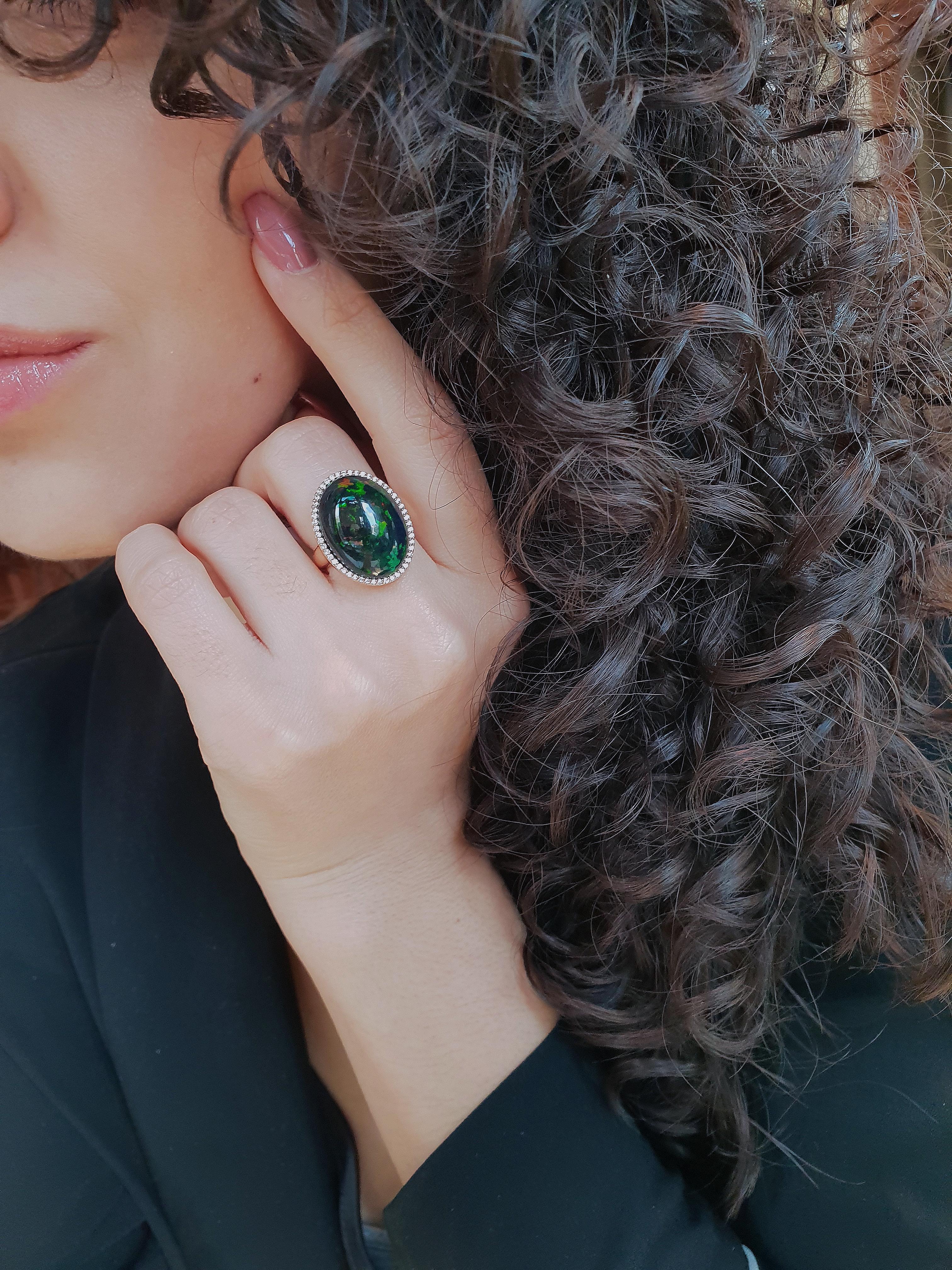 Ethiopian Black Opal Ring with Diamonds in 18 Karat Rose Gold In New Condition In Amsterdam, NL