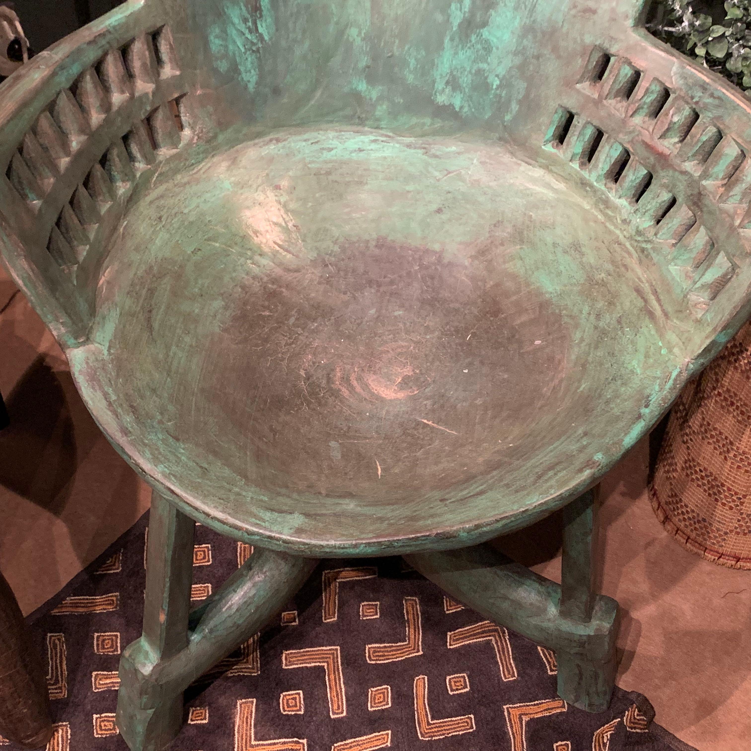Hand-Carved Ethiopian Hand Carved Weathered Green Mahogany Side Chair, Africa, 1950s