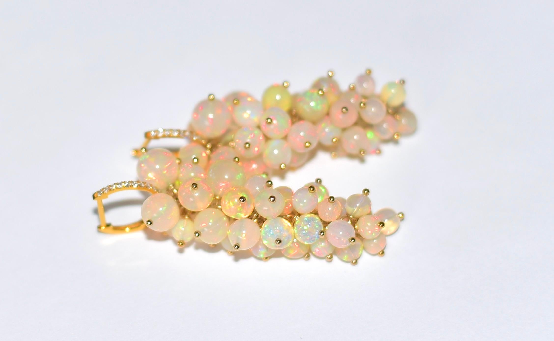 Bead Ethiopian Crystal Opal Earrings in 18K Solid Yellow Gold Diamond Hoop