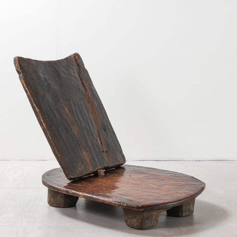 Ethiopian Dark Wood Low Tribal Chair with Removable Panel Back For Sale 1