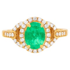Ethiopian Emerald Ring 1.20 Carat with Diamond Halo Setting 18k Yellow Gold